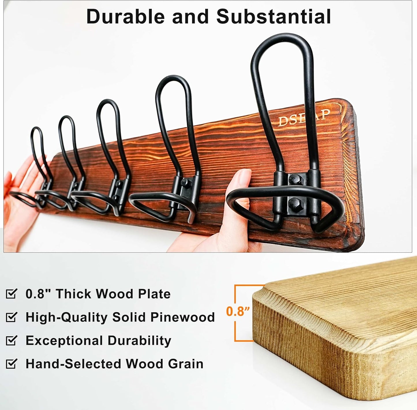 Dseap Coat Rack Wall Mounted - Heavy Duty Farmhouse Rustic Wall Coat Hanger with 5 Wire Hooks for Clothes Hat Jacket Towel, RusticWire, G25A, Black, Pack of 2