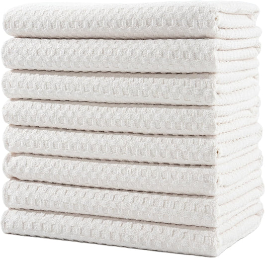 POLYTE Ultra Premium Microfiber Kitchen Dish Hand Towel Waffle Weave, 8 Pack (16x28 in, Off White)