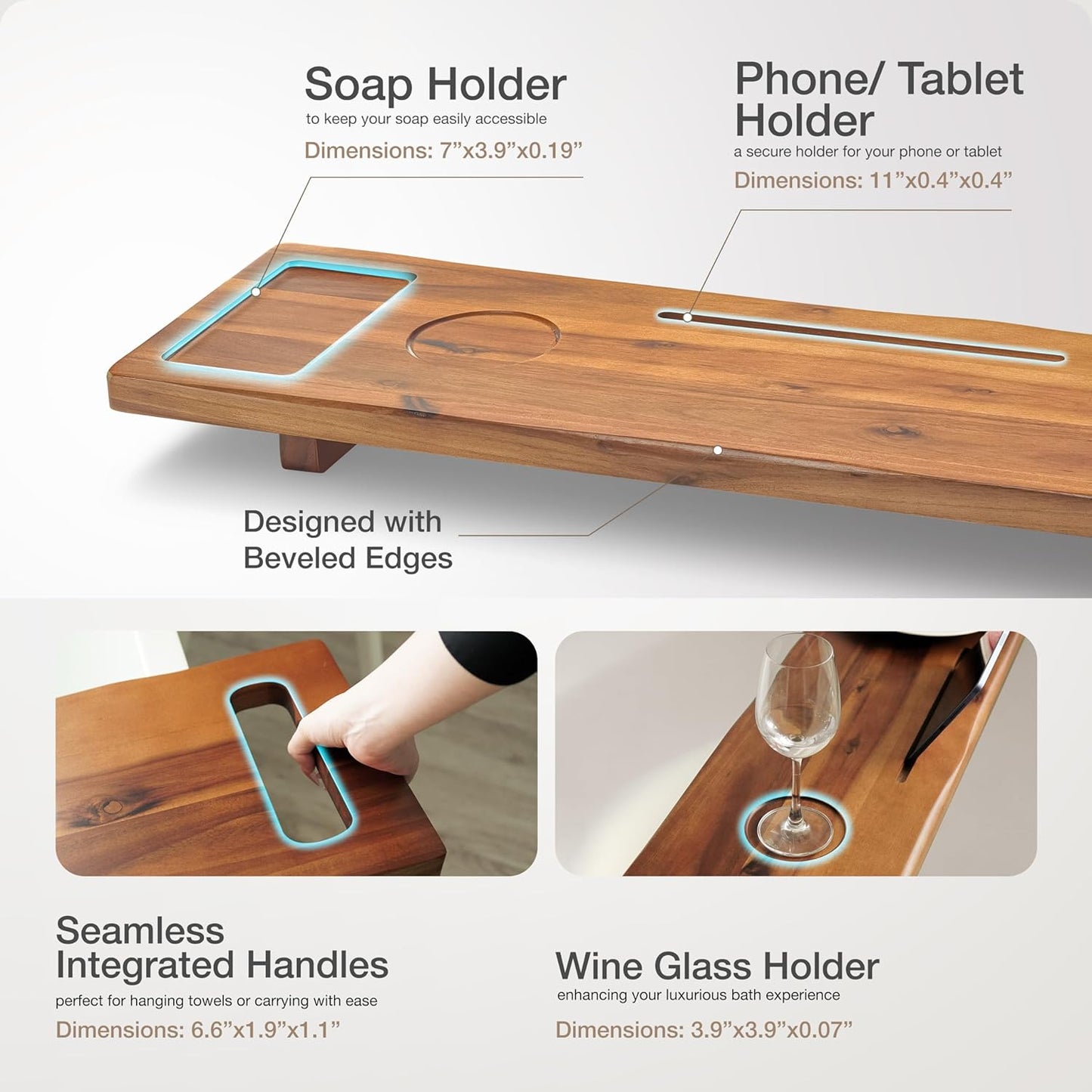 Tinamo Acacia Bathtub Caddy Tray Table | 39 x 9.75 x 2.5 Inch Large Bath Tub Tray Wooden | Anti-Tipping, Sustainable Tub Tray for Bathtub | Bathtub Accessories Holders for Bathtub (Acacia, 39x9.75)