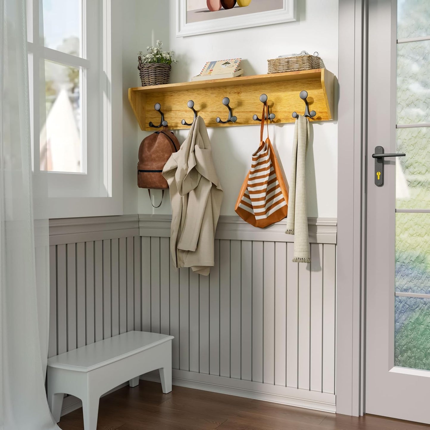 SKOLOO Wall Shelf with Hooks, 24-Inch Brown Coat Rack Wall Mount with Shelf Organizer - Lightweight & Sturdy, 5 Tri Hooks - Perfect for Entryway, Hallway, Living Room, Bedroom, Mudroom