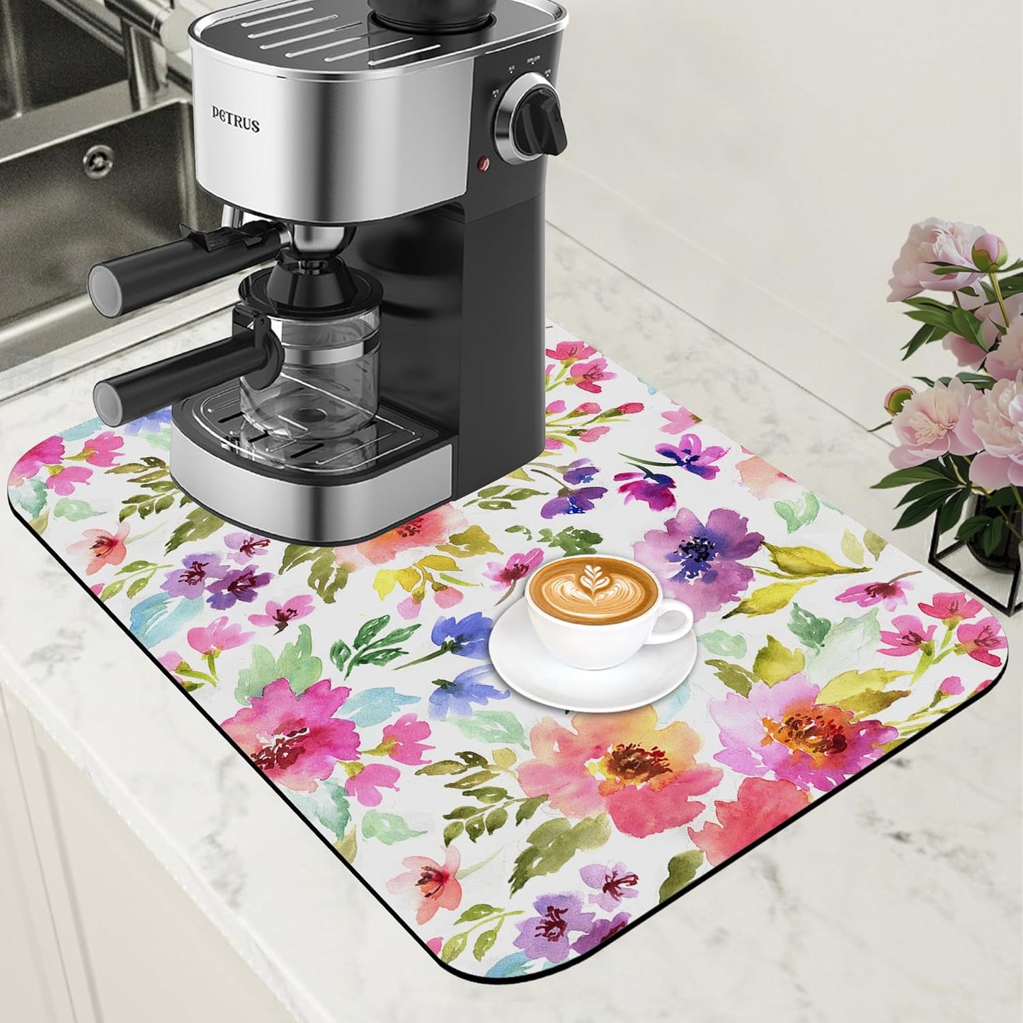 Floral Watercolor Dish Drying Mat Colorful Flowers Coffee Bar Mat for Countertop Hide Stain Rubber Backed Absorbent Dish Drainer Rack Pad Coffee Pot Espresso Machine Dining Room Decor 11.8 x 19.7 Inch