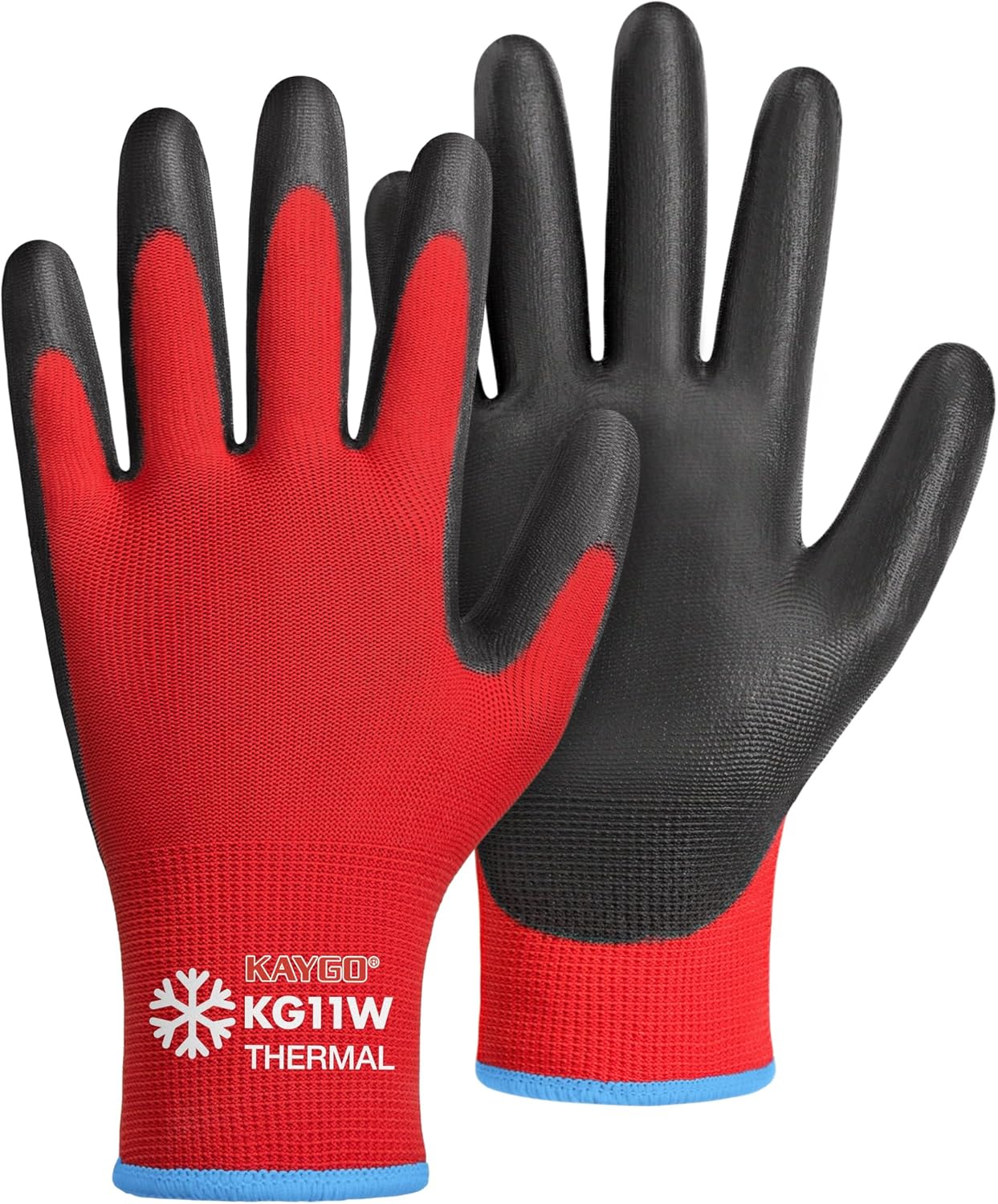 KAYGO Winter Work Gloves for Men and Women, 12 Pairs Thermal Insulated Safety Work Gloves PU Coated, Smooth Grip on Palm & Fingers,Ideal for Freezer Work,Red,M