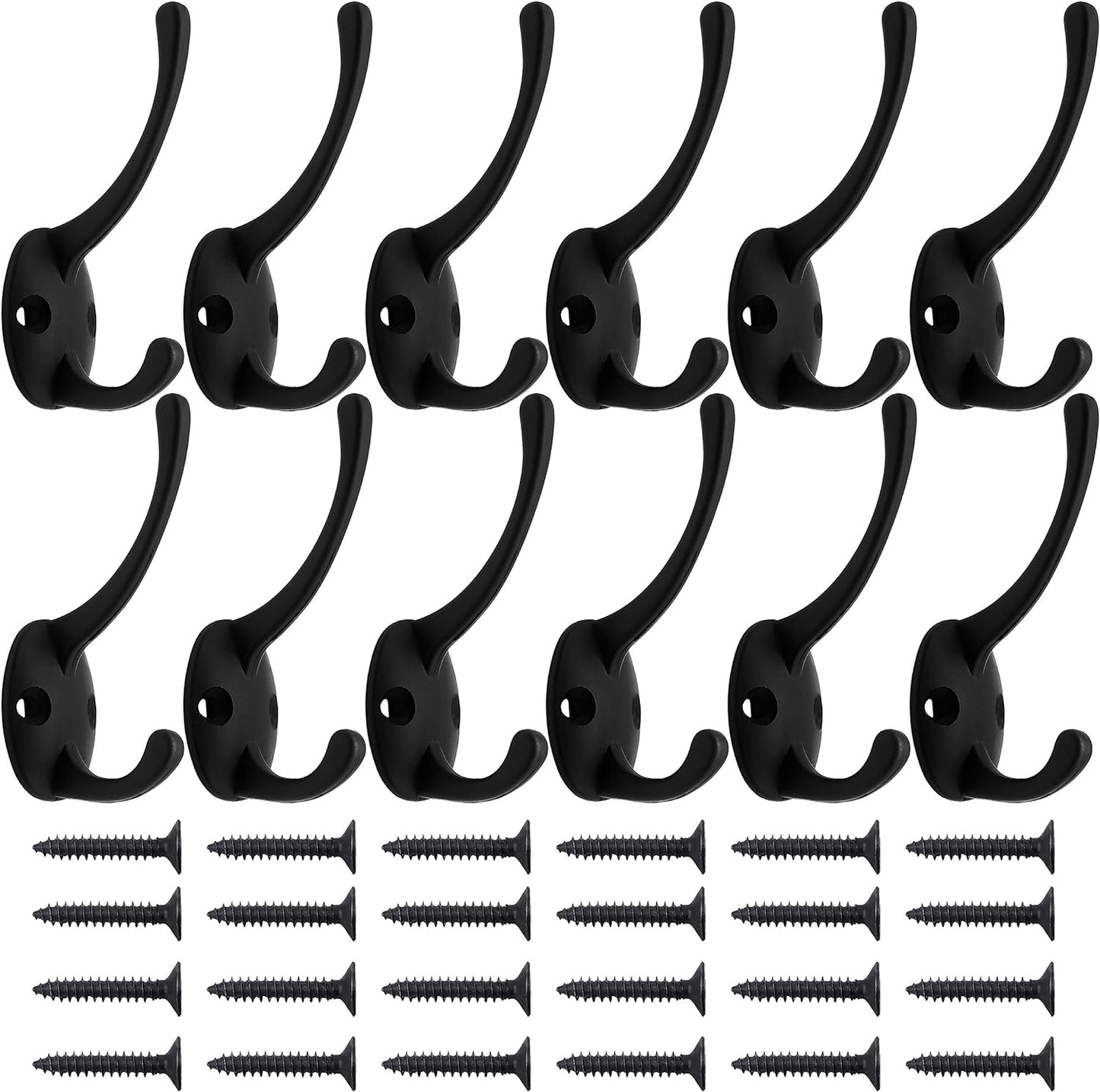 IBosins 12 Pack Black Coat Hooks Wall Mounted with 24 Screws Retro Double Hooks Utility Black Hooks for Coat, Scarf, Bag, Towel, Key, Cap, Cup, Hat