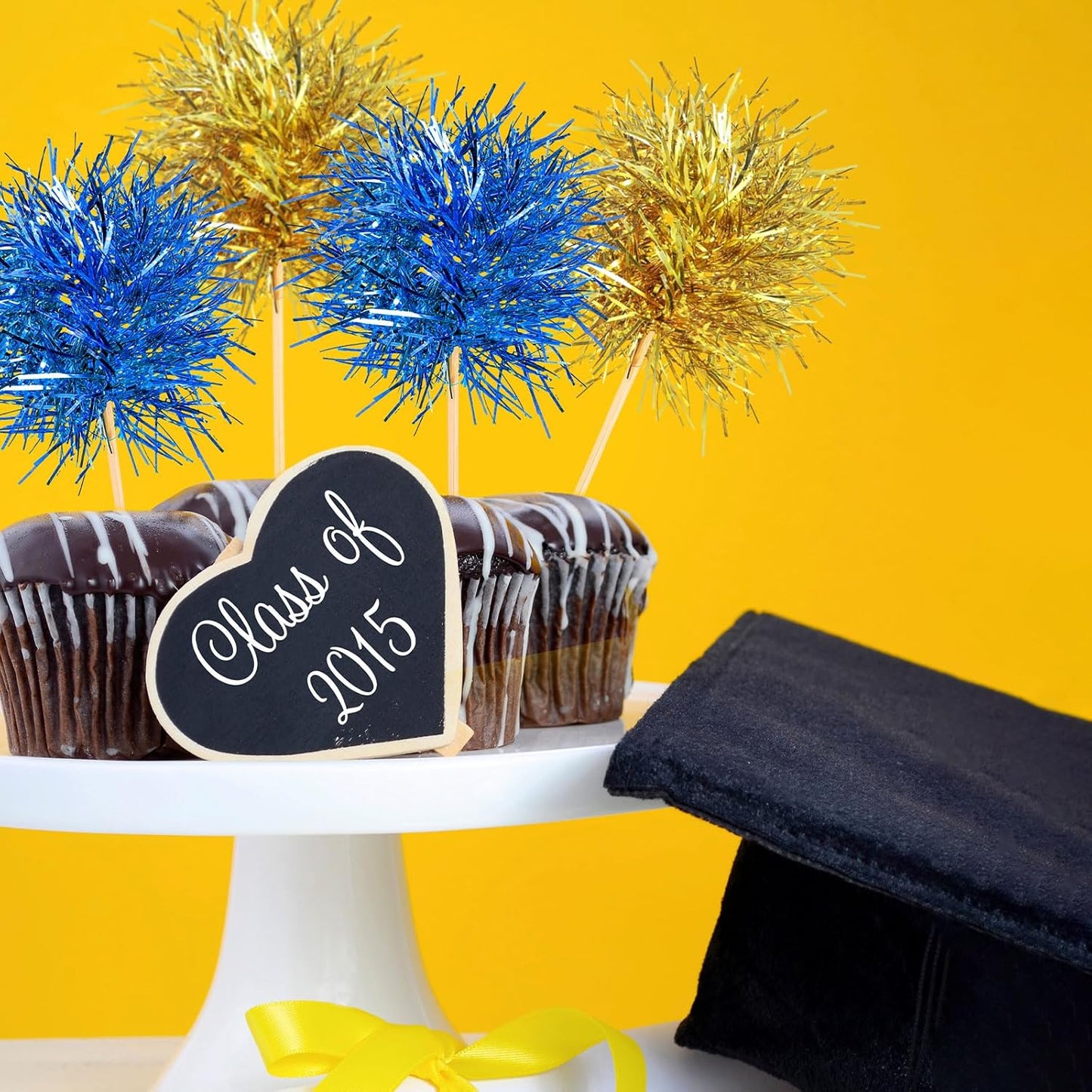 Chinco 100 Pcs Foil Firework Cupcake Toppers Sparkle Tinsel Cake Toppers Cake Decoration Cocktail Fruit Toothpick for Birthday Wedding Graduation Party(Blue, Gold)