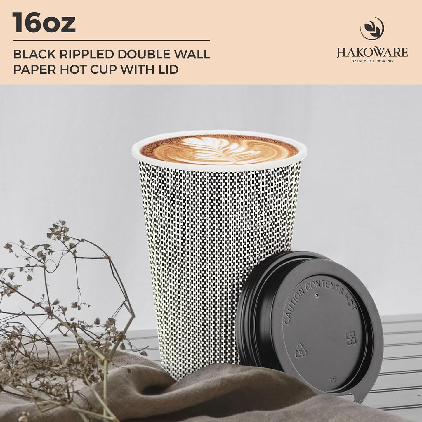 [85 SET]Harvest Pack 16 oz Coffee Cups, Disposable Insulated Coffee Cups, Ripple Double-Walled Paper Cups with Lids, Black and White Geometric, Drinking Cups for Tea Hot Chocolate Drinks To go