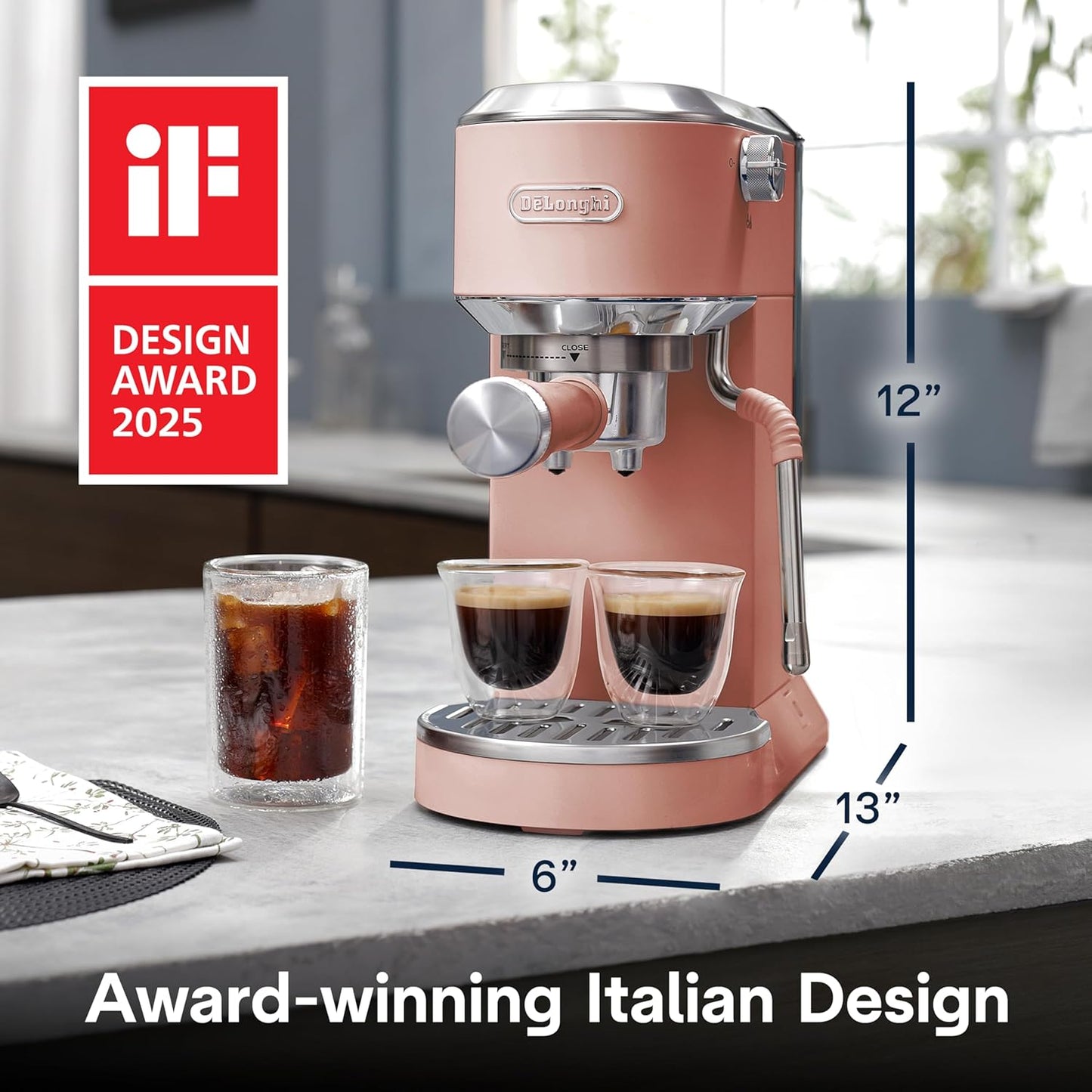De'Longhi Dedica Duo Compact Espresso Machine - Cold Brew Coffee Maker with Milk Frother Wand- for Espresso, Hot & Iced Coffee, Cappuccinos, Lattes & Home Barista Brewing, Rosé Pink