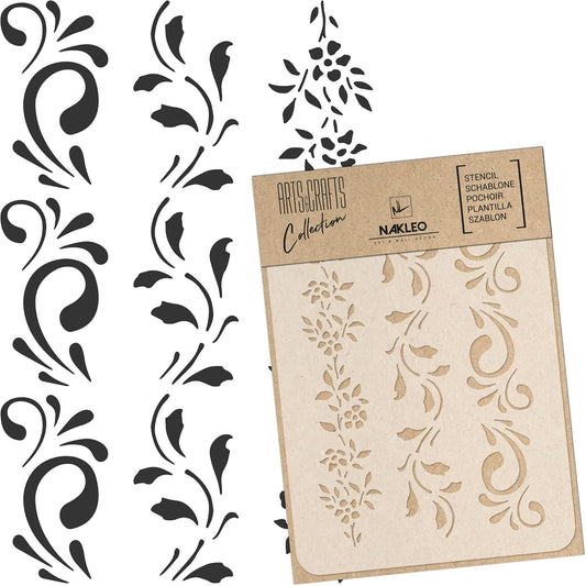 NAKLEO Painting Stencil for Crafts A5 5.9” x 8.3”, Border Flower Plant Pattern, Reusable Plastic DIY & Scrapbooking Drawing Template, Decoupage Art Home Decor, Wall Wood Fabric Furniture