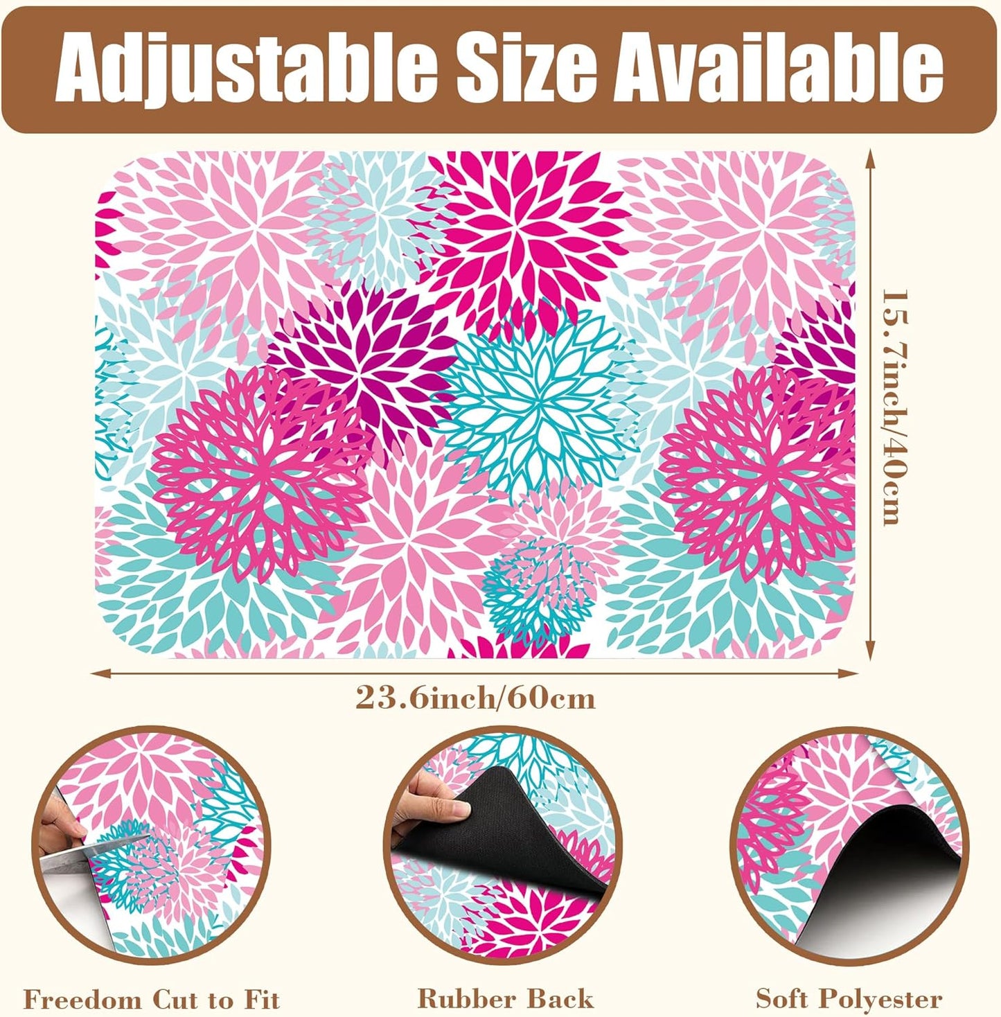 Pink Blue Chrysanthemum Flowers Dish Drying Mat for Kitchen Counter Coffee Bar Mat Hide Stain Absorbent Rubber Backed Drying Rack Pad Espresso Machine Coffee Bar Accessories 15.7 x 23.6 Inch