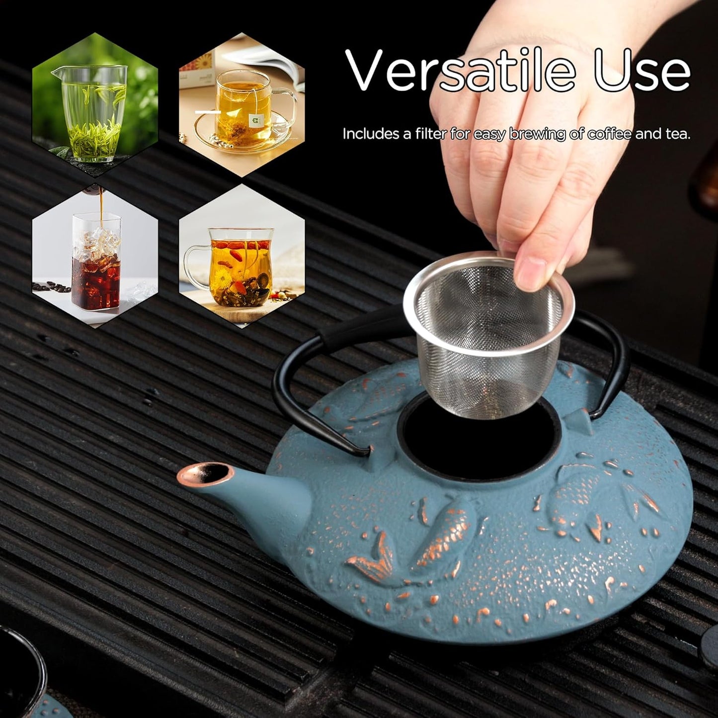 Cast Iron Teapot Set with 2 Tea Cups, 7Pcs Japanese Tea Kettle with Stainless Steel Infuser, Tea Pot Coated with Enameled Interior, Fish Pattern, 27oz 780ml Navy Blue