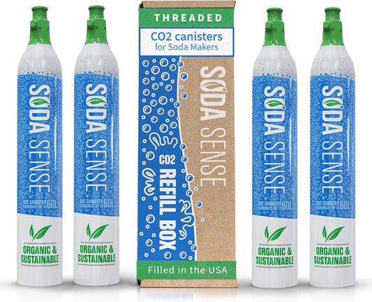 Soda Sense 60L CO2 Exchange Canister - 4 Pack, Threaded Style - Compatible with All 'Screw-In' Soda/Sparkling Water Makers, Including SodaStream BLUE Cylinder Models, Ninja Thirsti, Philips & More