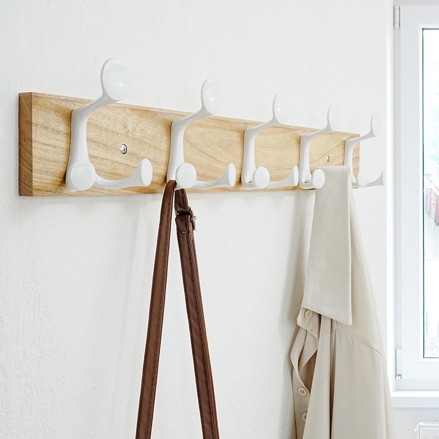 SKOLOO 24-Inch Natural Wood Coat Rack Wall Mount with 5 Triple Hooks - Ideal for Family Entrances, Classrooms, and Pet Supplies Storage - Perfect Coat Hooks for Wall