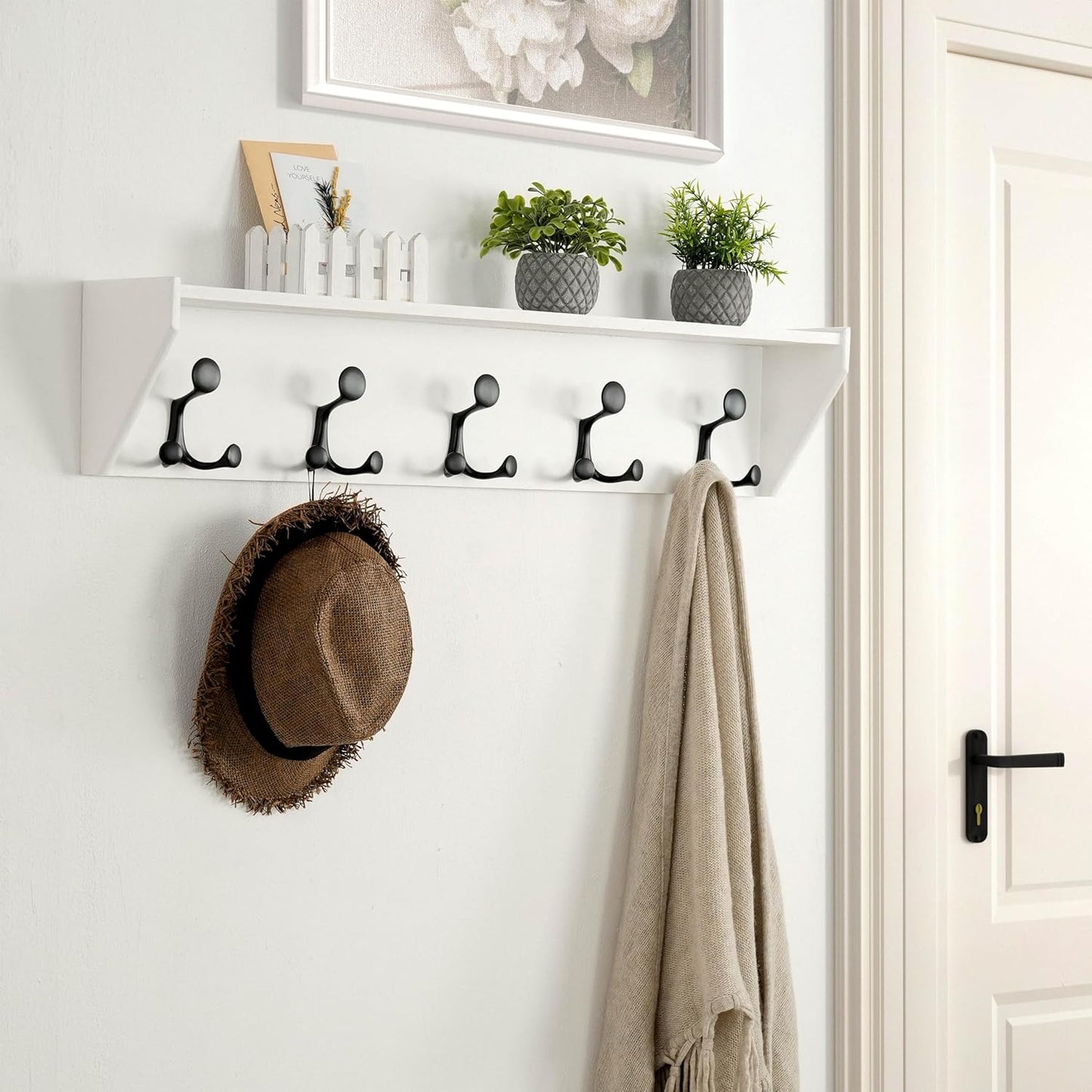 SKOLOO Wall Shelf with Hooks, 35-Inch White Coat Rack Wall Mount with Shelf Organizer - Lightweight & Sturdy, 5 Tri Hooks - Perfect for Entryway, Hallway, Living Room, Bedroom, Mudroom