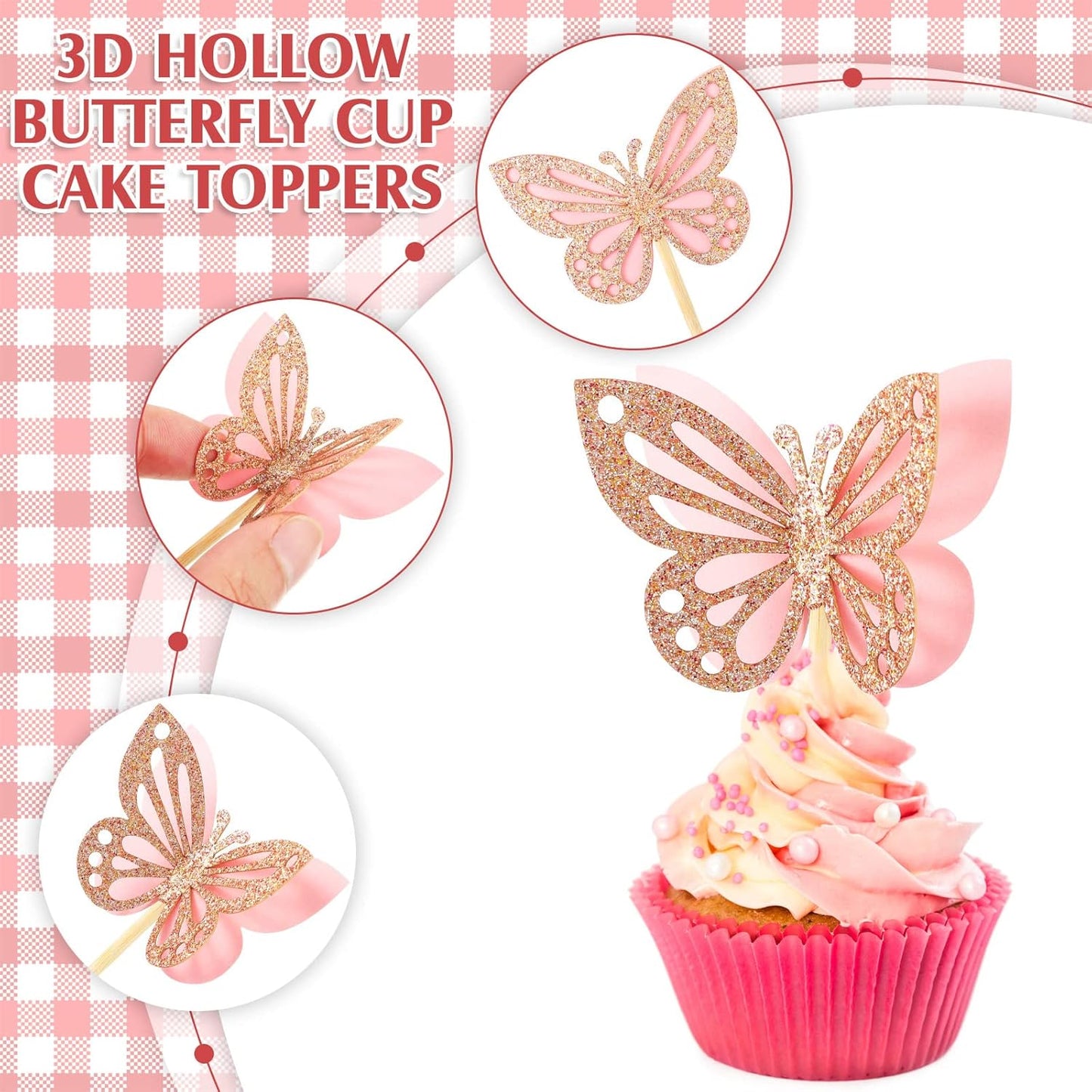 Chinco 48 Pcs Butterfly Cupcake Toppers Assembled Double Layer Cupcake Topper 3D Glitter Cake Topper Butterfly Cocktail Pick Decoration for Baby Shower Birthday Wedding(Pink,Classic Style)