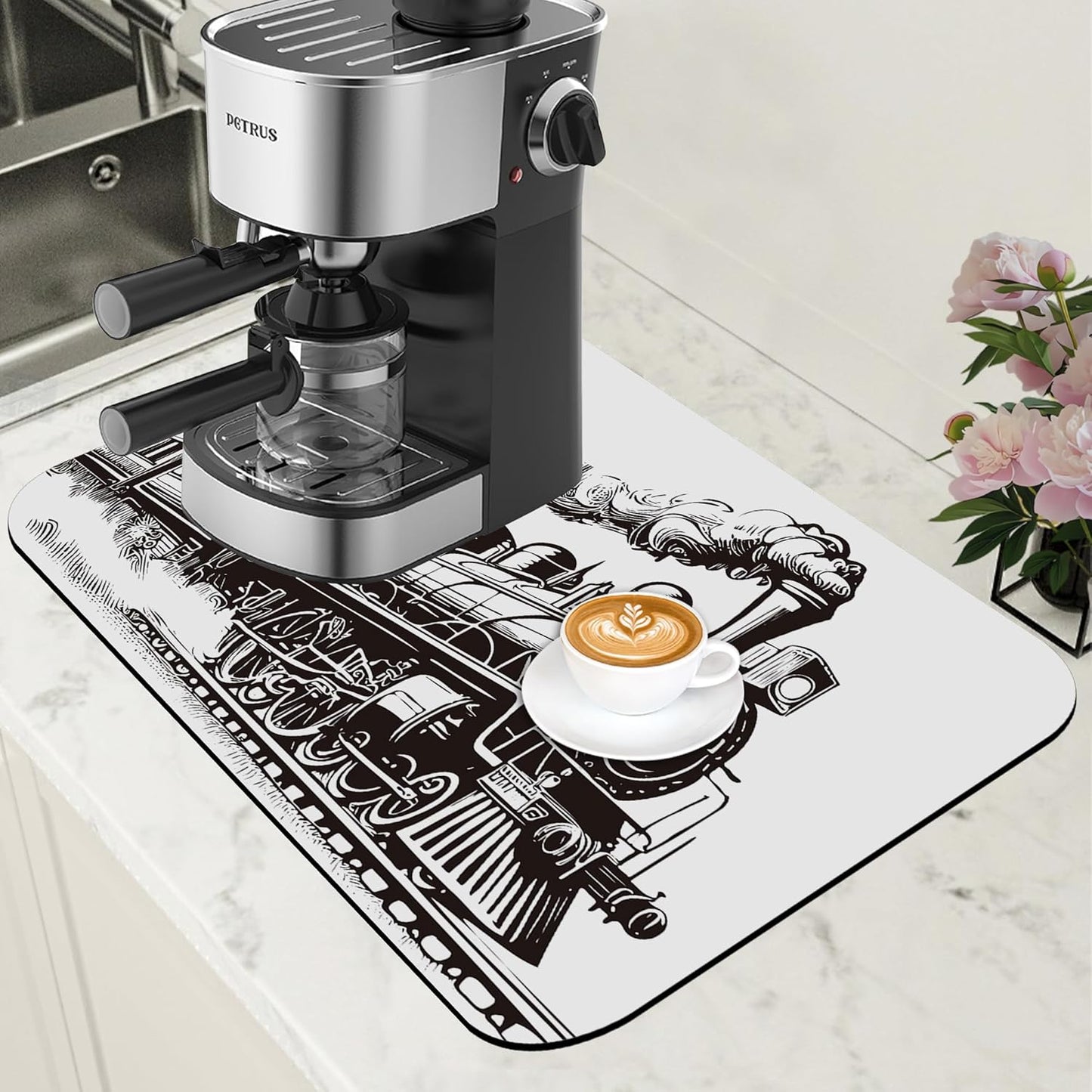 Retro Steam Train Dish Drying Mat for Kitchen Counter Bar Mat Hide Stain Absorbent Rubber Backed Coffee Mat Coffee Maker Espresso Machine Bar Accessories 11.8 x 19.7 Inch