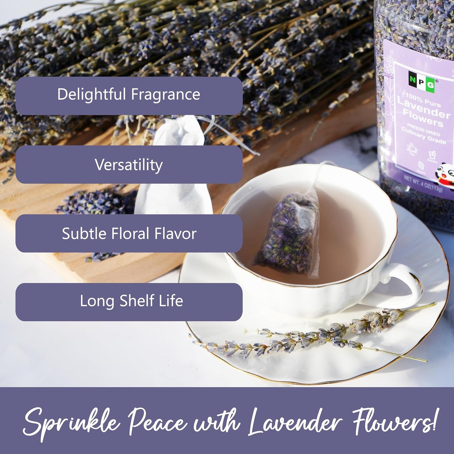 NPG Freeze Dried Lavender Flowers 4 Oz, Culinary Grade Lavender Buds for Tea, Baking, DIY Soap, Candle Making, Potpourri, Natural Fragrance Sachets, All-Natural, Non-GMO, Gluten-Free