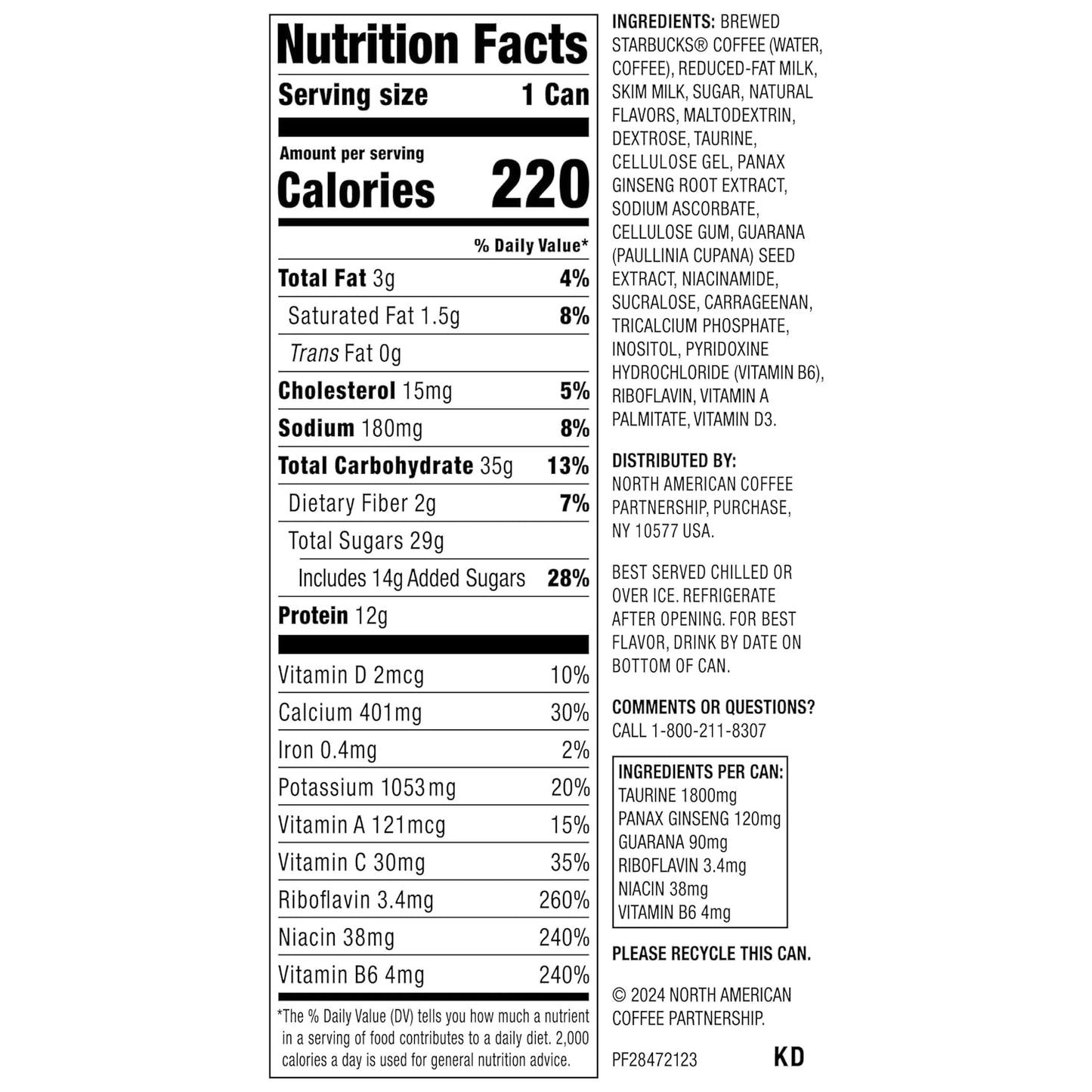 Starbucks RTD Energy Drink, Doubleshot Energy Drink, Coffee, Guarana, Vitamin B, Ginseng, 15 Oz Cans (Pack of 12)