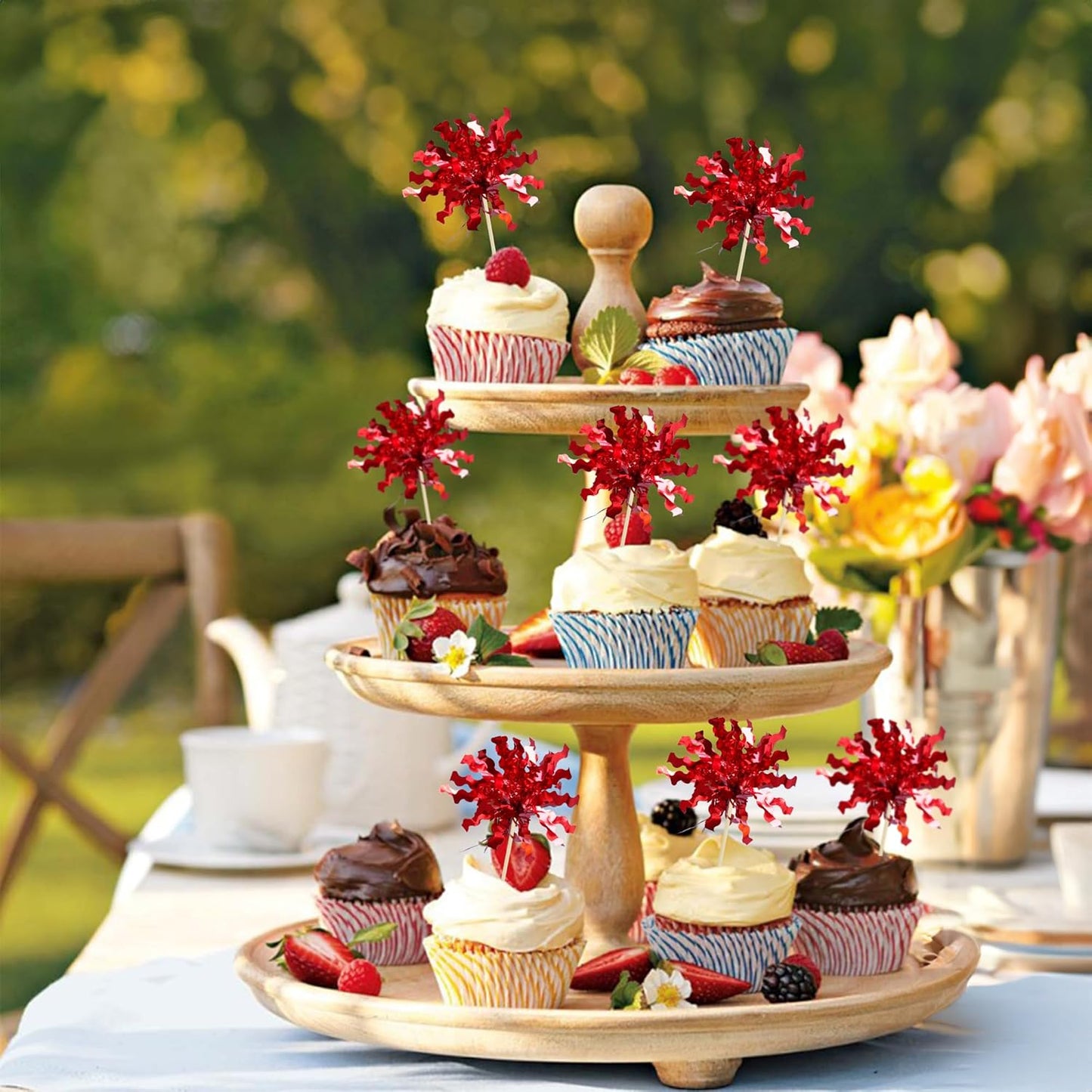 Gyufise 30Pcs Foil Firework Cupcake Toppers Sparkle Tinsel Cake Toppers Tinsel Drink Cake Decoration Cocktail Picks for Birthday Wedding Graduation Party Supplies Red