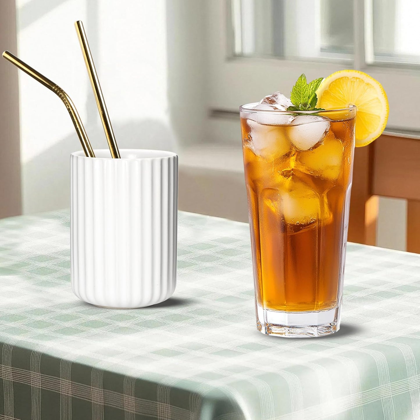 Ceramic Spoon Holder for Coffee Bar, Upright Tea Spoon Holder Cup, Coffee Stirrers Straws Stir Stick Holder, Fish Belly White Fluted Surface