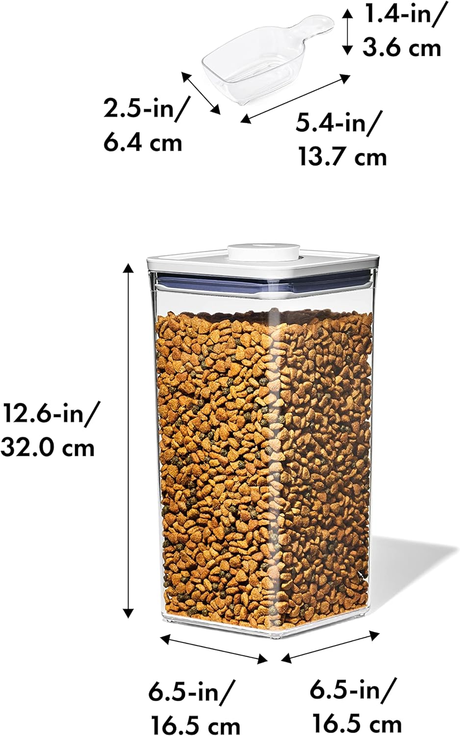 OXO Good Grips Pet POP Container – 6.0 Qt/5.7 L with Half Scoop, Ideal for up to 6.5lbs of Dog Food or 4.5lbs of Cat Food, Airtight Dog and Cat Food Storage Container, BPA Free, Clear