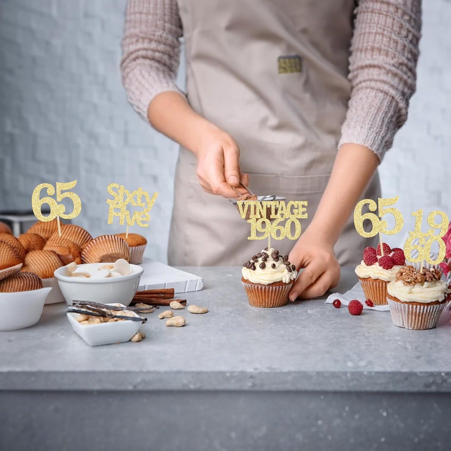 Gyufise 24Pcs 65th Birthday Cupcake Toppers Glitter Cheers to 65 Fabulous Sixty Five Vintage 1960 Cupcake Picks 65th Birthday Wedding Anniversary Party Cake Decorations Supplies Gold