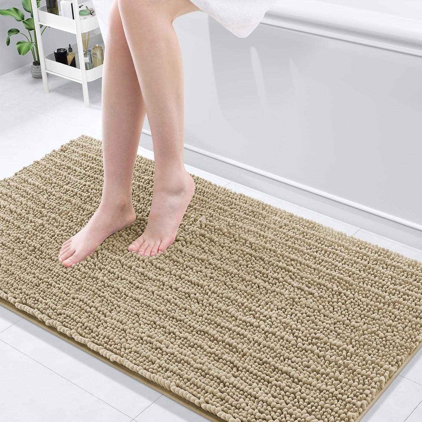 Arotive Luxury Chenille Bathroom Rug Mat, Extra Soft Thick Absorbent Shaggy Bath Rugs, Non-Slip Machine Wash Dry, Plush Bath Mats for Bathroom, Shower and Tub, 60x24, Beige