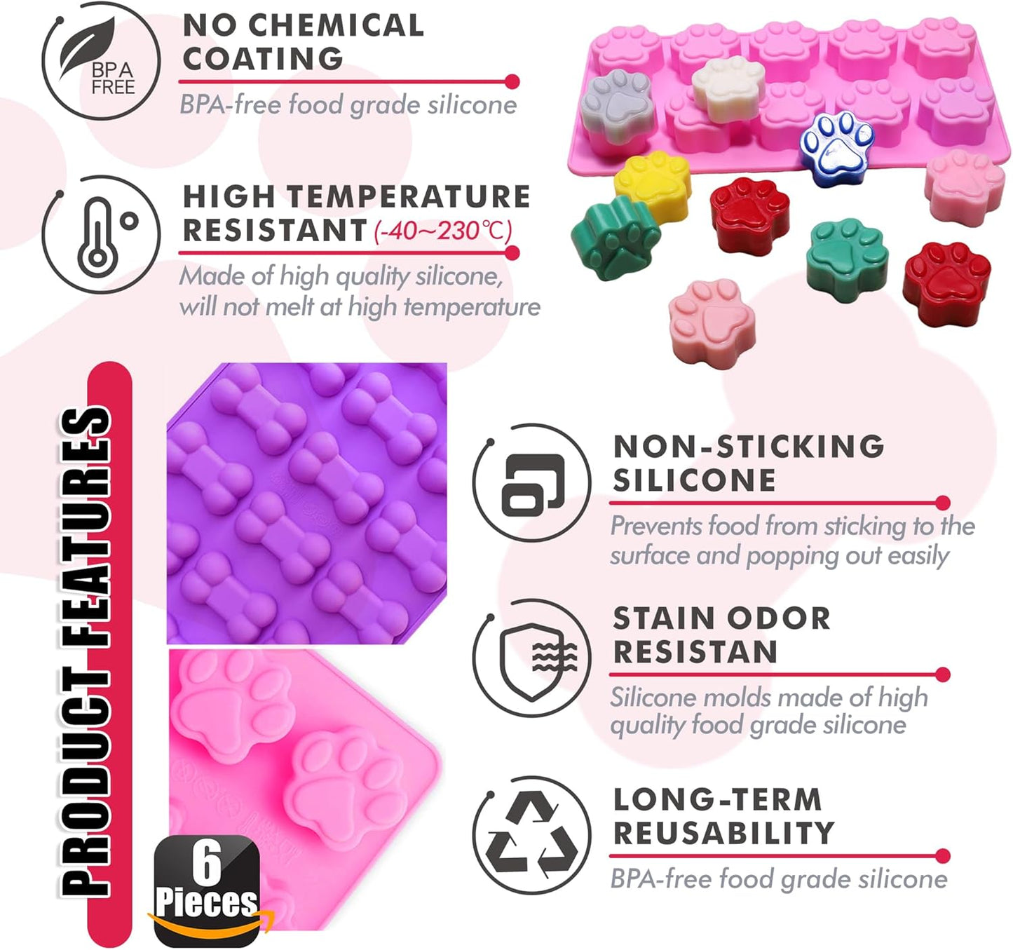 Silicone Molds Puppy Dog Paw and Bone Molds for Baking,Chocolate Molds,Silicone Dog Treat Mold - 6 Pack