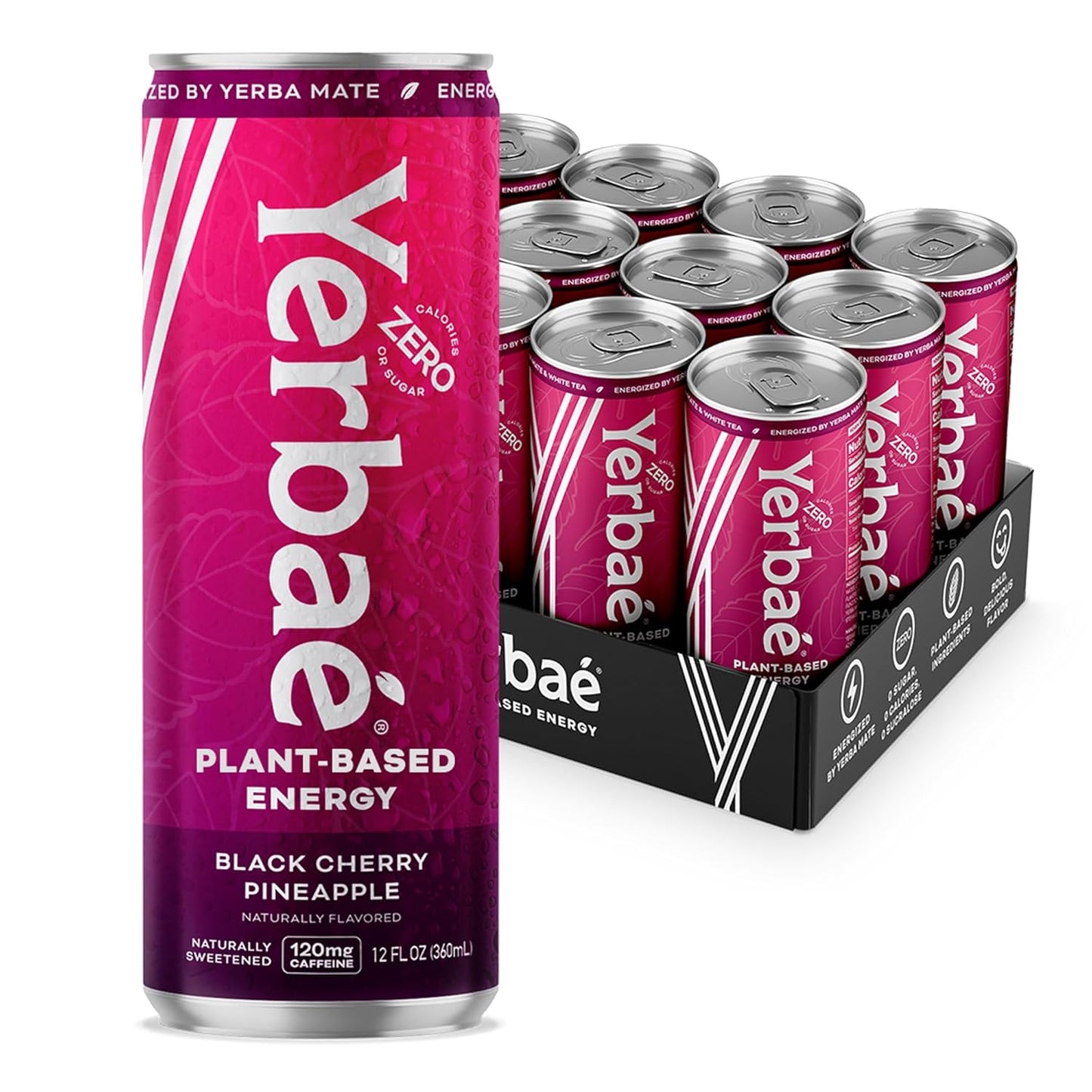 Yerbaé Energy Beverage, Black Cherry Pineapple, 120mg Caffeine. No Sugar/Calories/Carbs, Energized by Yerba Mate, Plant-Based, Healthy Alternative to Sugary Drinks, Pack of 12, 12oz cans