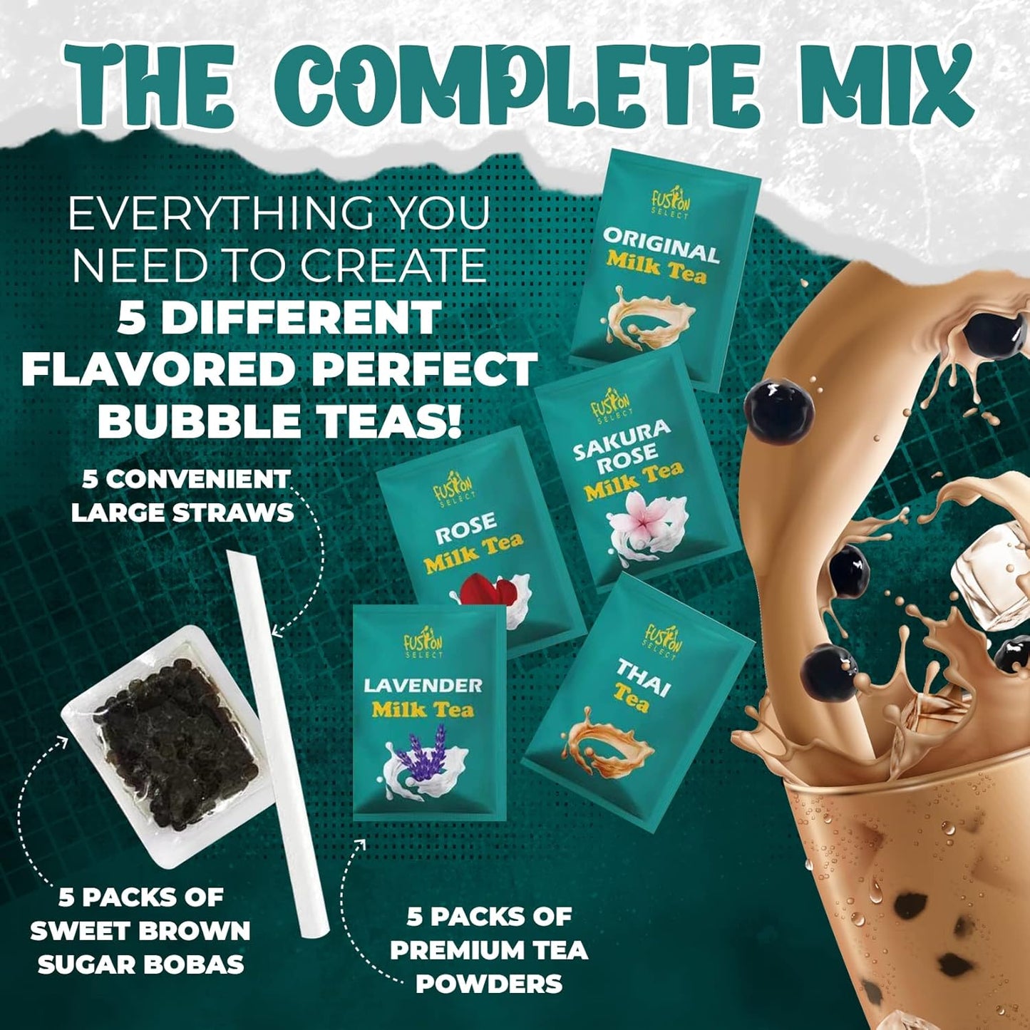 Fusion Select 5 Pack Authentic Tea Flavors Sakura, Lavender, Rose, Thai, Original Milk Tea Kit - Extra Rich Flavor Bubble Drinks, Tapioca Pearls, Straws - Complete Boba Kit