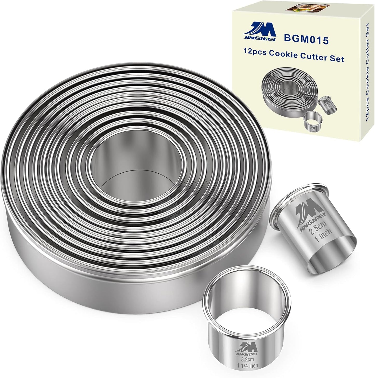 Round Cookie Biscuit Cutter Set 12 Pieces Graduated Circle Pastry Cutters 18/8 Stainless Steel Cookie Cutters1inch - 4 1/2inch Donut Cutter Ring Molds GIFT Package