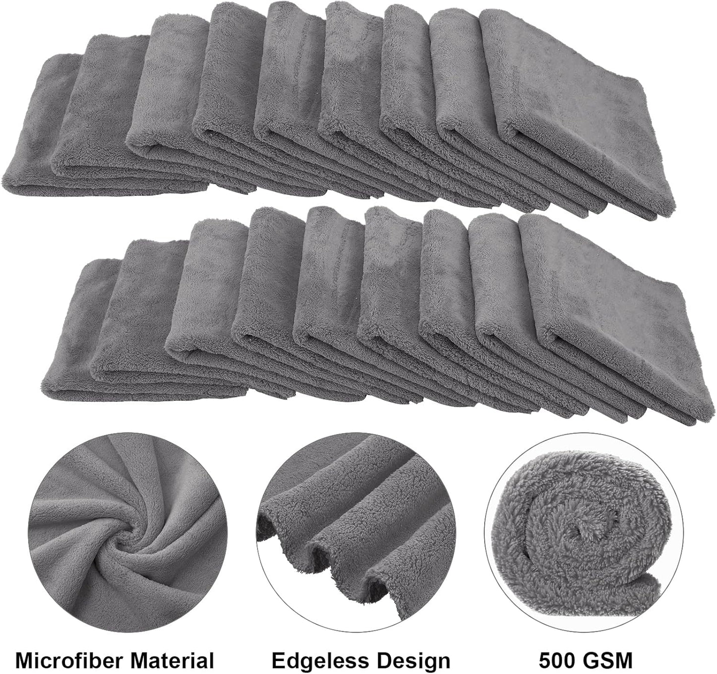 Shimeyao 30 Pcs Edgeless Microfiber Plush Towels for Cars Detailing Drying Wash Polishing Absorbent Cleaning Cloths, 500 GSM, 16 x 16 Inch(16 x 16 Inch,Gray,30 Pcs)