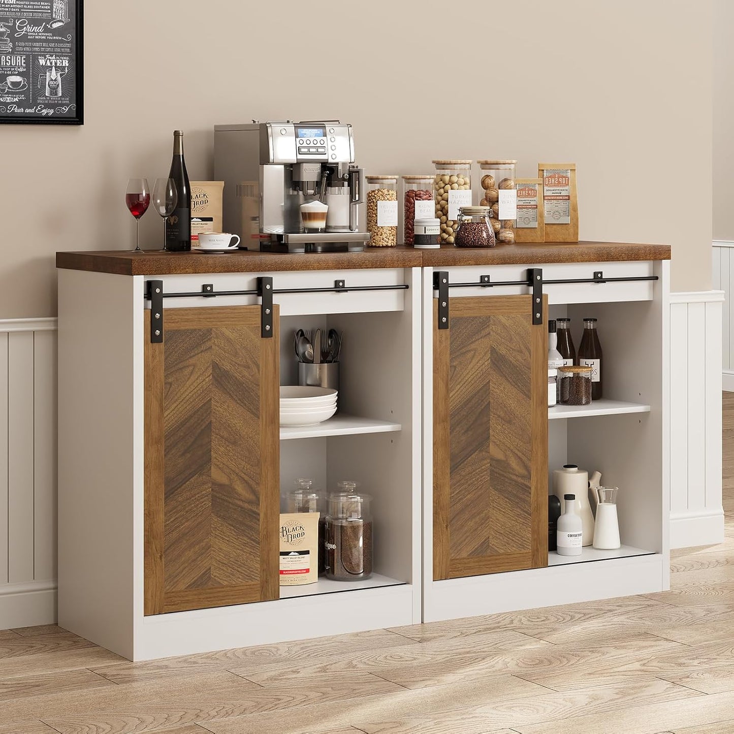 Coffee Bar Station with Sliding Barn Door, Small Coffee Bar Cabinet with Storage for Kitchen, 47 Inch