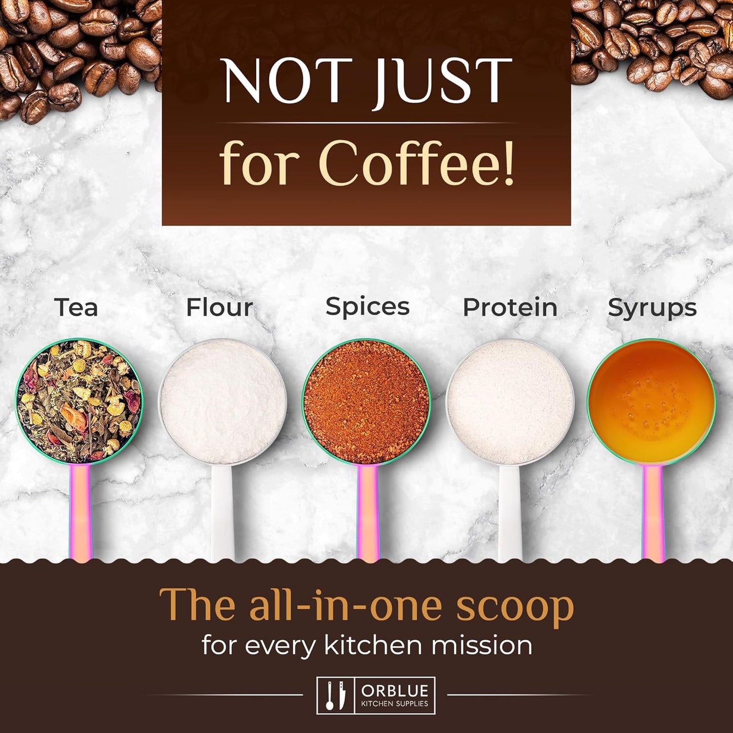 Orblue Premium Coffee Scoop Set - 1 Tbsp (15ml) & 2 Tbsp (30ml) Measuring Tablespoon - Stainless Steel Coffee Measuring Spoon and Scooper with Long Handles - Pack of 2, Multicolored