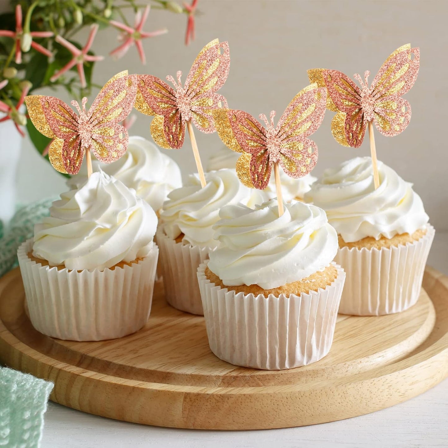 Chinco 48 Pcs Butterfly Cupcake Toppers Assembled Double Layer Cupcake Topper 3D Glitter Cake Topper Butterfly Cocktail Pick Decoration for Baby Shower Birthday Wedding(Gold,Retro Style)