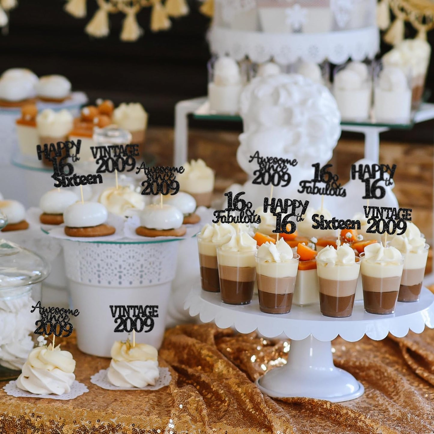 Gyufise 30Pcs Vintage 2009 Cupcake Toppers Glitter Sweet 16 Happy 16th Birthday Cake Decorations for Happy 16th Birthday Fabulous Anniversary Party Supplies Black