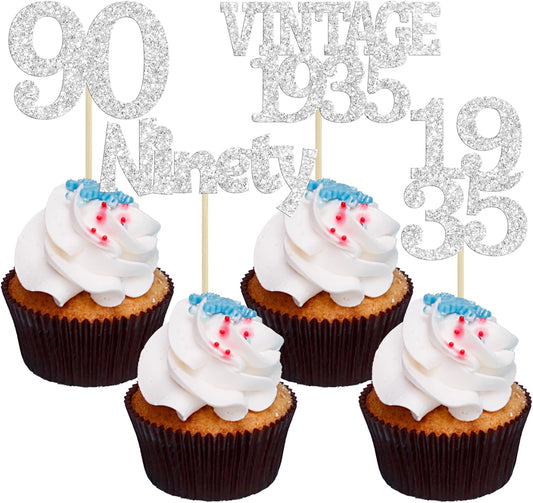 Gyufise 24Pcs 90th Birthday Cupcake Toppers Glitter Cheers to 90 Fabulous Ninety Vintage 1935 Cupcake Picks 90th Birthday Wedding Anniversary Party Cake Decorations Supplies Silver