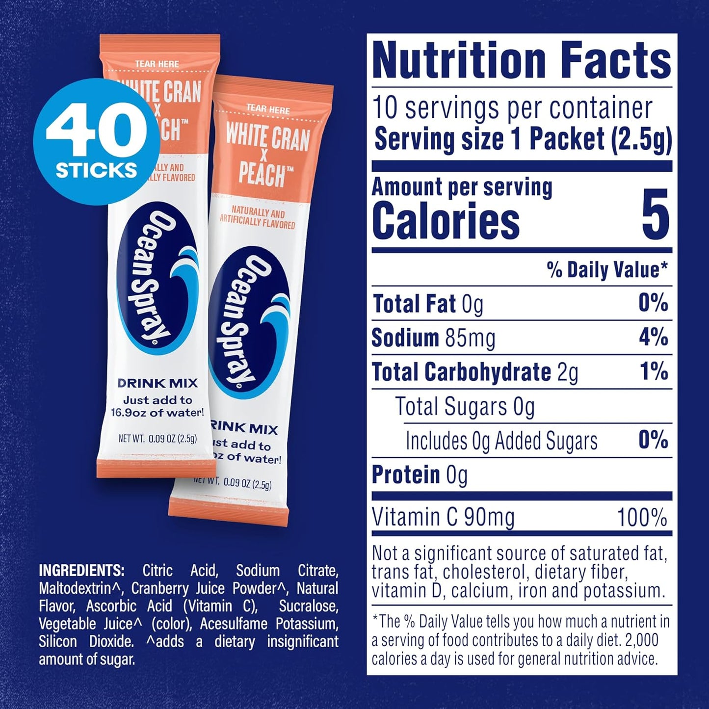 Ocean Spray® White Cran-Peach™ Zero Sugar Powder Drink Mix Packets with Real Cranberry Juice Powder, 100% Vitamin C, No Synthetic Dyes, Juicy Mixes (40ct)