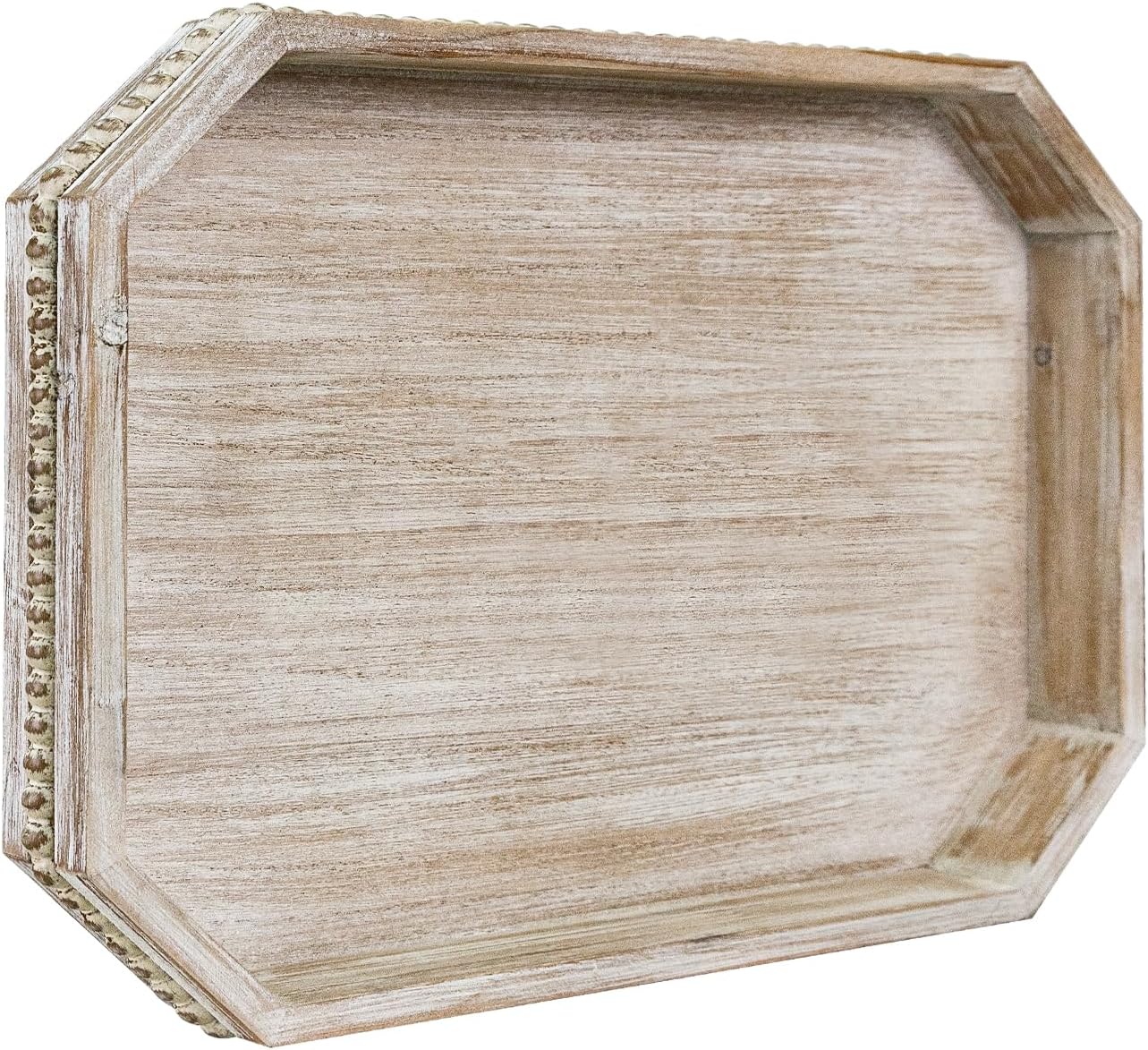 Wooden Decorative Tray, Rustic Serving Tray with Wood Bead, Farmhouse Big Tray for Ottoman, Countertop, Coffee Tabl, 16.5" x 13"x 1.6" (White Washed)