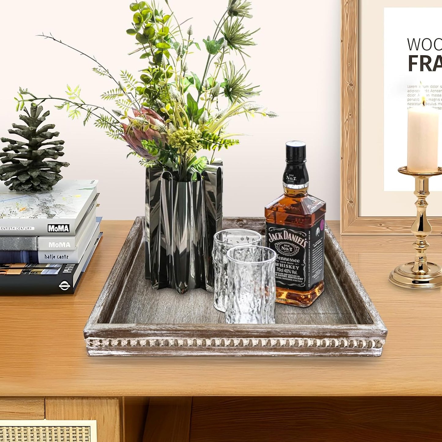 Wooden Decorative Tray, Small Serving Tray with Wood Bead, Farmhouse Big Tray for Ottoman, Countertop, Coffee Tabl, 13" x 13"x 1.6" (Retro Brown)