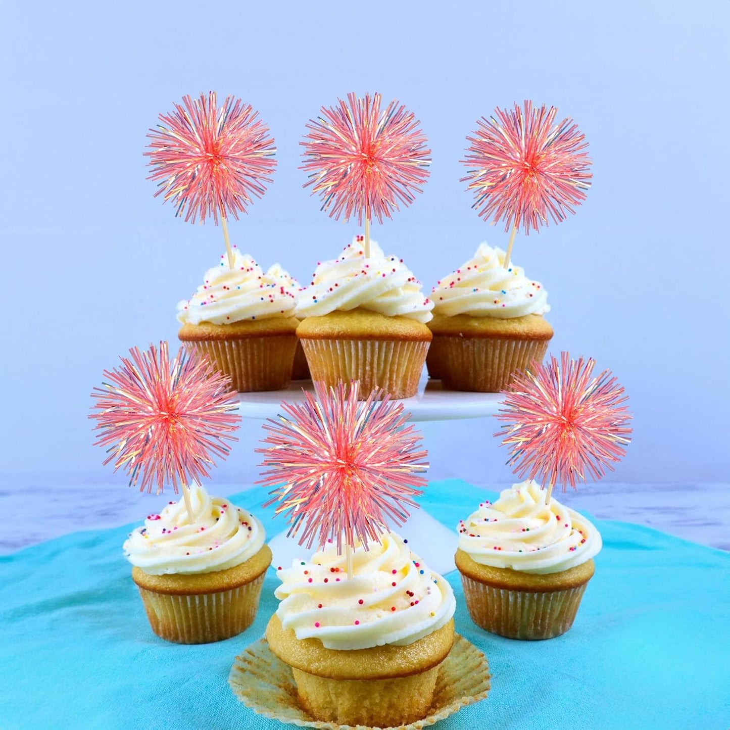 Ephlyn 30Pcs Foil Firework Cupcake Toppers Sparkle Tinsel Cupcake Picks Happy Birthday Cake Decorations Drink Stirrers Cocktail Food Fruit Toothpicks for Baby Shower Graduation Party Supplies Orange