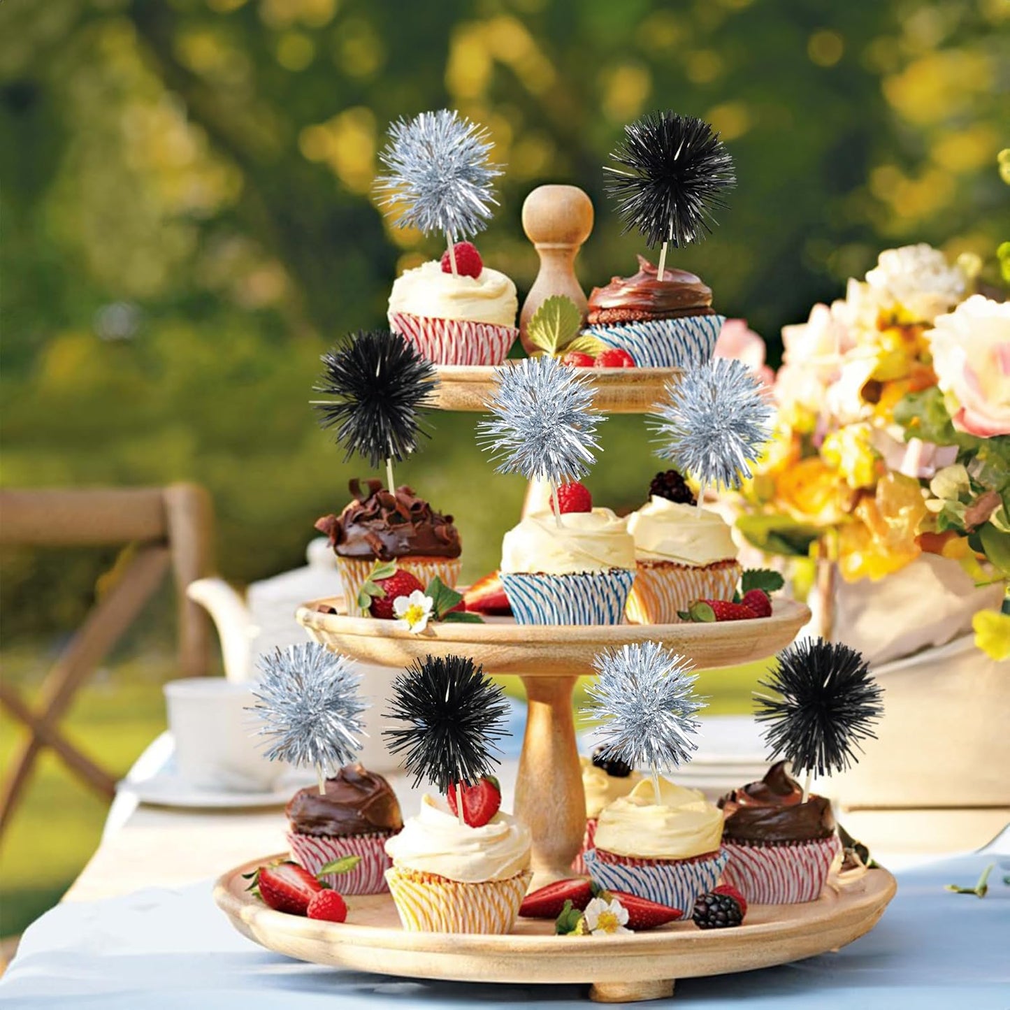 Gyufise 30Pcs Foil Firework Cupcake Toppers Sparkle Tinsel Cake Toppers Tinsel Drink Cake Decoration Cocktail Picks for Birthday Wedding Graduation Party Supplies Black Silver