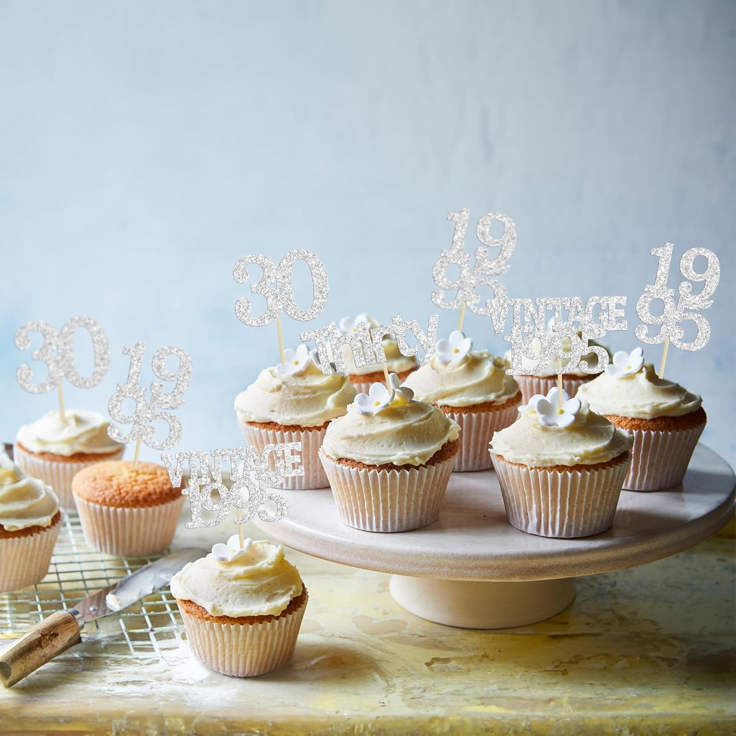 Gyufise 24Pcs Happy 30th Birthday Cupcake Toppers Glitter Thirty 30 Fabulous Vintage 1995 Cupcake Picks for 30th Birthday Wedding Anniversary Party Cake Decorations Supplies Silver