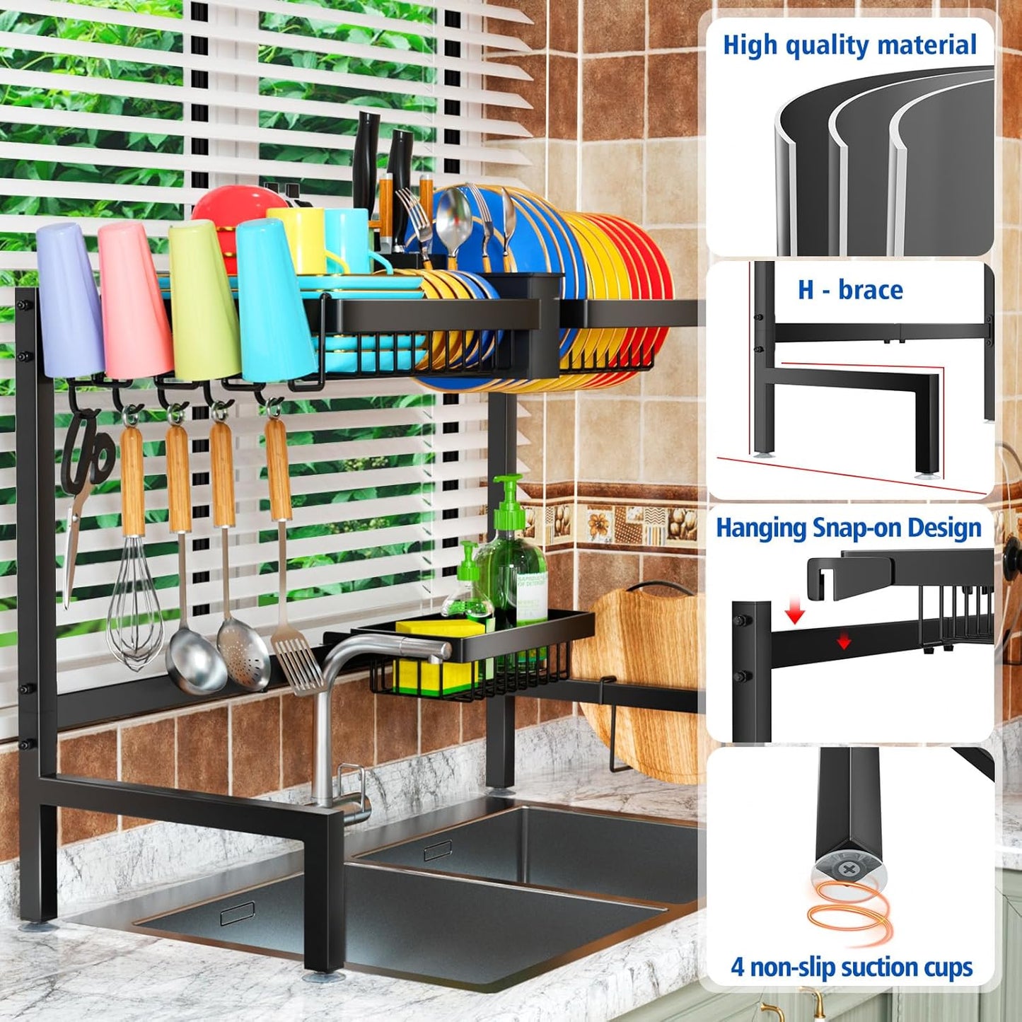 SNSLXH 2-Tier Over The Sink Dish Drying Rack, Kitchen Large Dish Drying Rack Over The Sink, Suitable for Most Sinks, Effective Dish Drying, Kitchen Drying Rack（24.8"-35.4"）