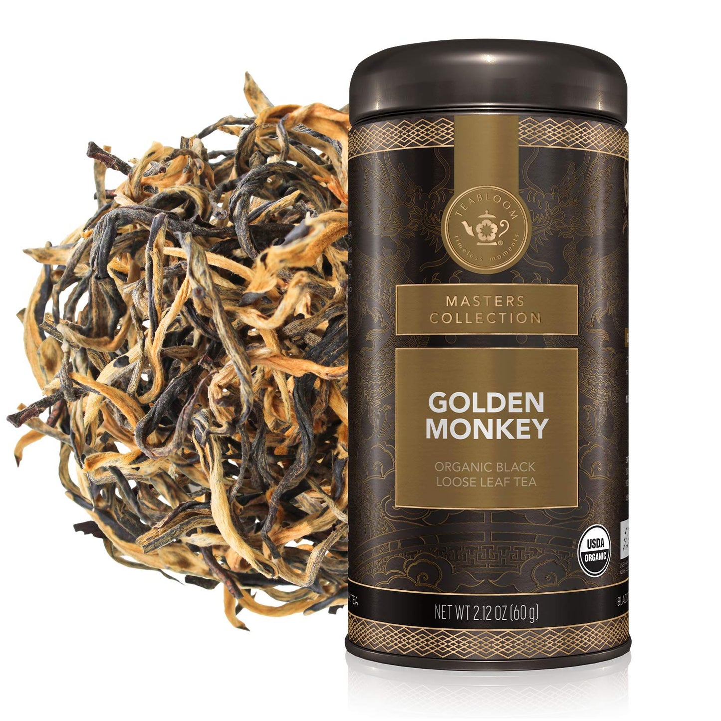 Teabloom Organic Golden Monkey Loose Leaf Tea, USDA Certified Organic Black Tea, Lingering Aroma with Smooth and Malty Flavor, 2.12 Ounce Loose Leaf Tea Canister Makes 35-50 Cups
