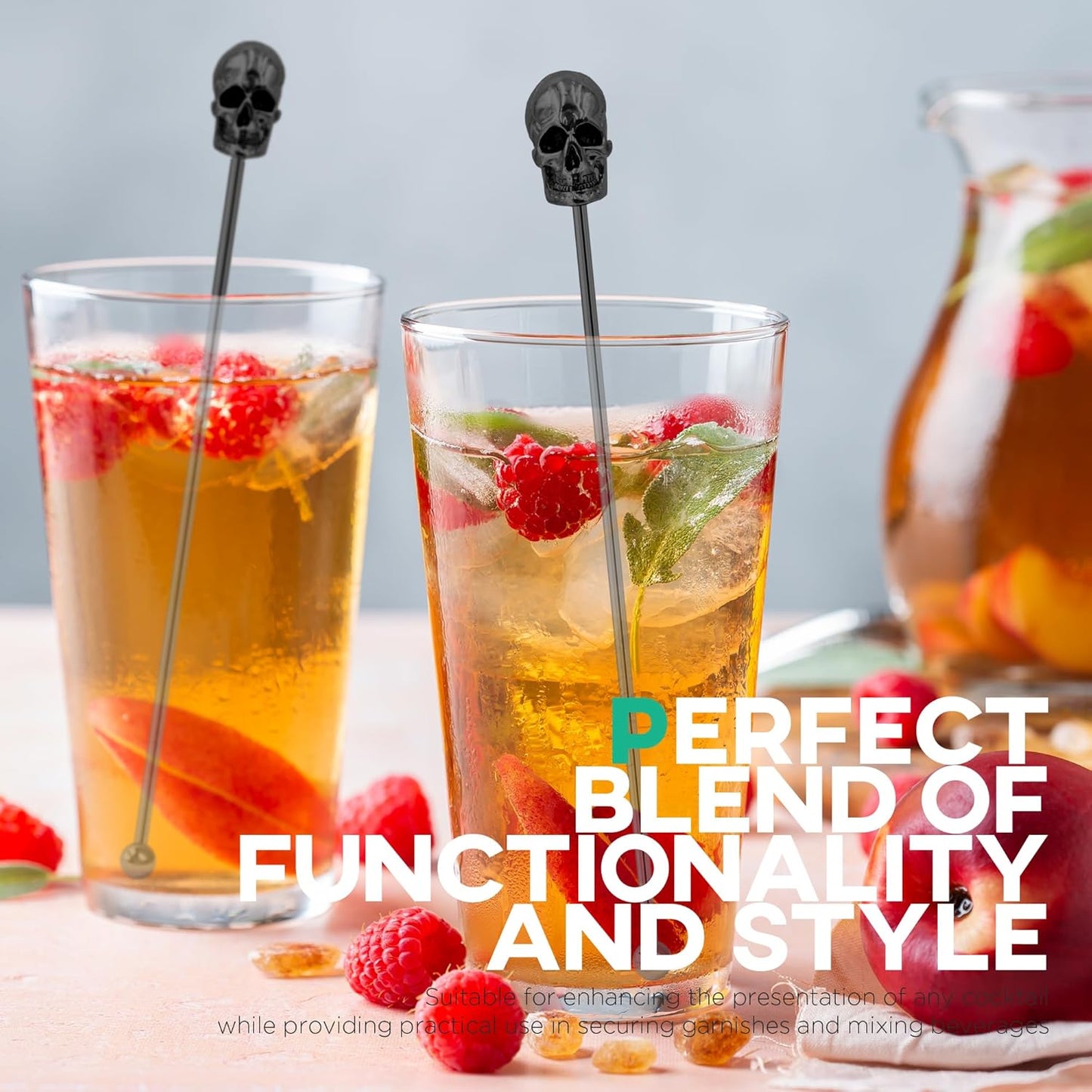 Homestia 6Pcs Skull Swizzle Sticks 7.5inch Coffee Stirrers Reusable Stainless Steel Beverage Cocktail Stirrer for Bar Halloween Party Mixing Drinks (Black)