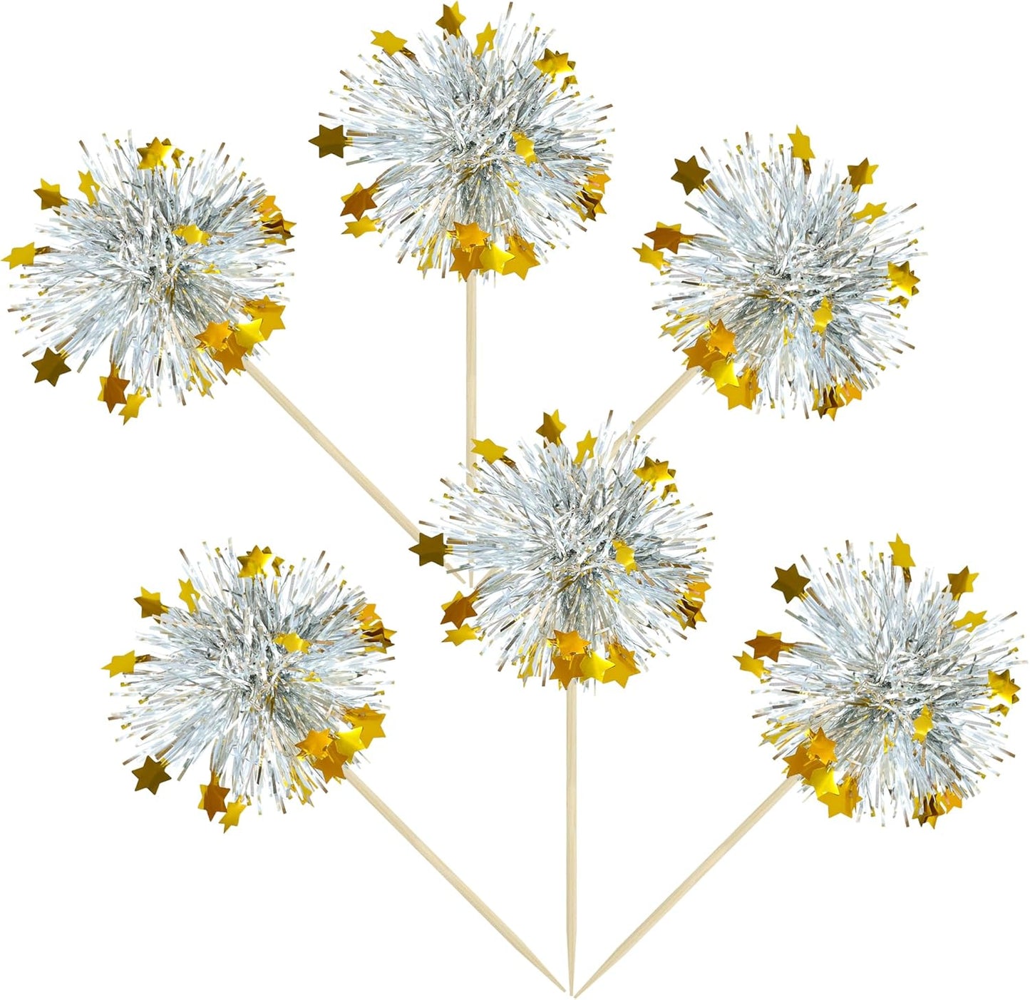 Ephlyn 30Pcs Foil Firework Cupcake Toppers Sparkle Tinsel Cupcake Picks Happy Birthday Cake Decorations Drink Stirrers Cocktail Food Fruit Toothpicks for Baby Shower Graduation Party Supplies Silver