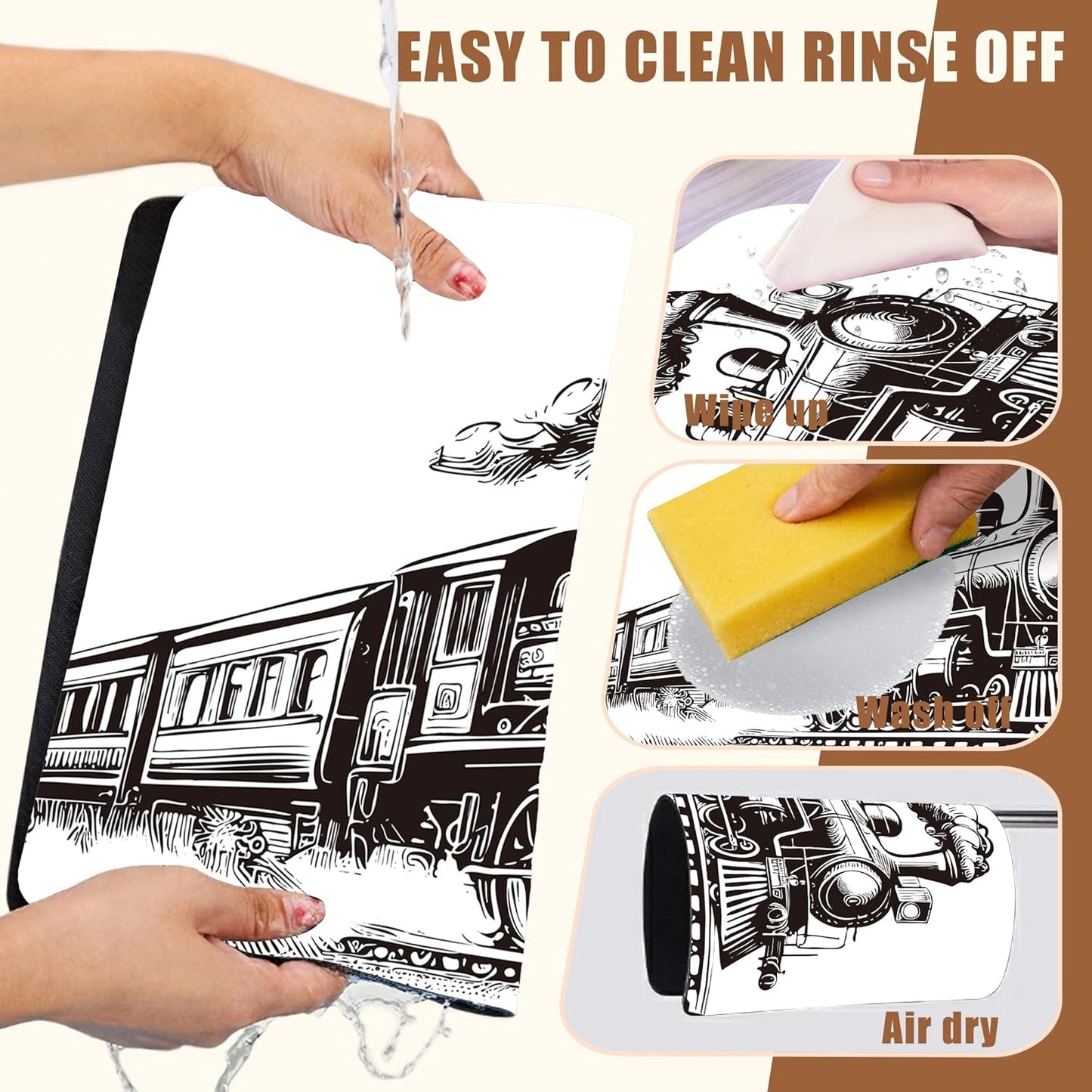 Retro Steam Train Dish Drying Mat for Kitchen Counter Bar Mat Hide Stain Absorbent Rubber Backed Coffee Mat Coffee Maker Espresso Machine Bar Accessories 11.8 x 19.7 Inch