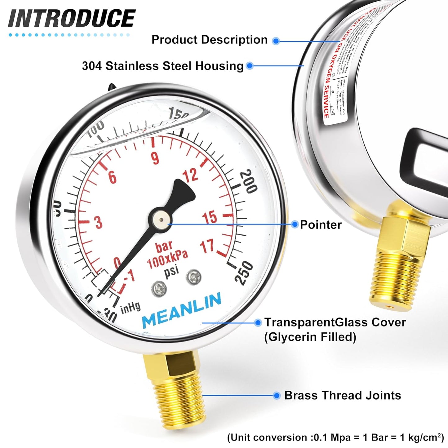 MEANLIN MEASURE -30inHG~250Psi Stainless Steel 1/4" NPT 2.5" FACE DIAL Vacuum Pressure Gauge, Lower Mount, with 1/4" x 1/2" NPT and 1/4" x 3/8" NPT Hex Bushing