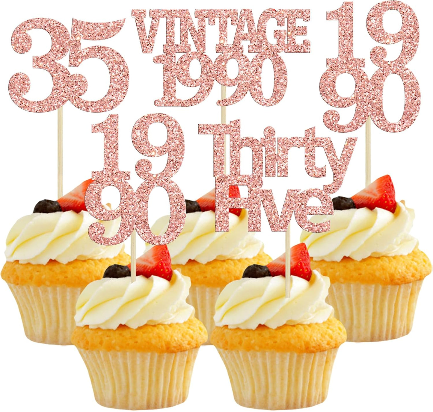 Gyufise 24Pcs Happy 35th Birthday Cupcake Toppers Glitter Thirty Five 35 Fabulous Vintage 1990 Cupcake Picks for 30th Birthday Wedding Anniversary Party Cake Decorations Supplies Rose Gold