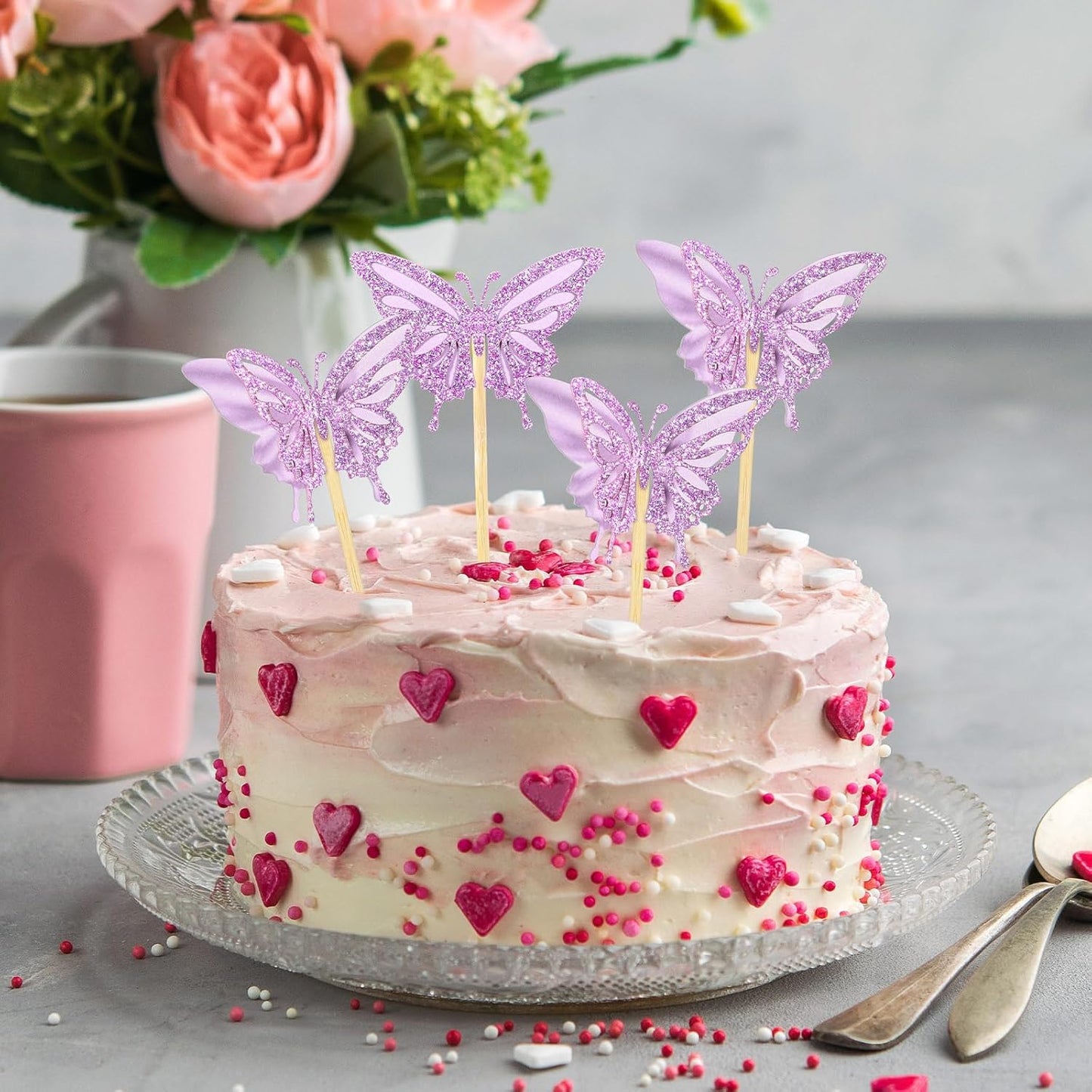 Chinco 48 Pcs Butterfly Cupcake Toppers Assembled Double Layer Cupcake Topper 3D Glitter Cake Topper Butterfly Cocktail Pick Decoration for Baby Shower Birthday Wedding(Purple,Retro Style)