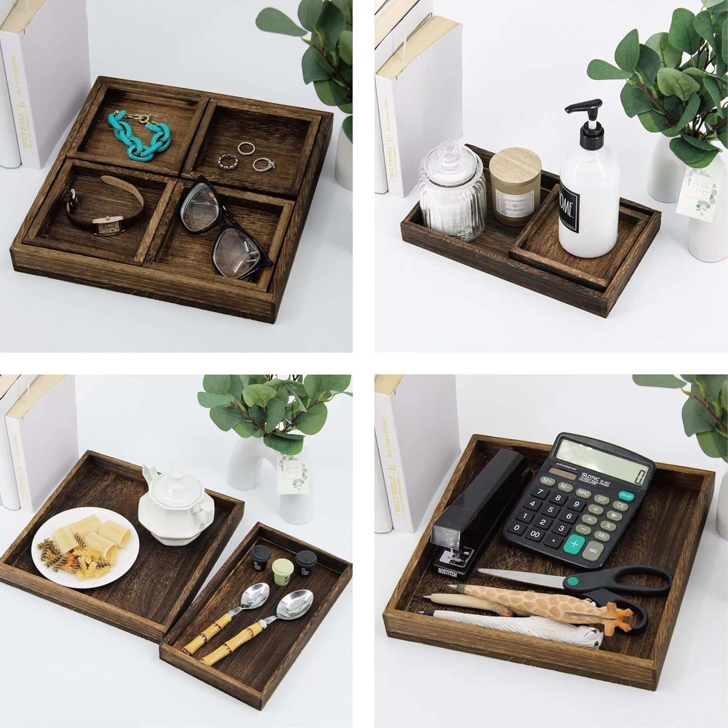 Rustic Wooden Serving Trays with Handle, Serving Platters, Charcuterie Board Set of 7 Nesting Food Trays for Serving Food, Home Decor, Breakfast, Coffee Table, Bed Tray, Picnic